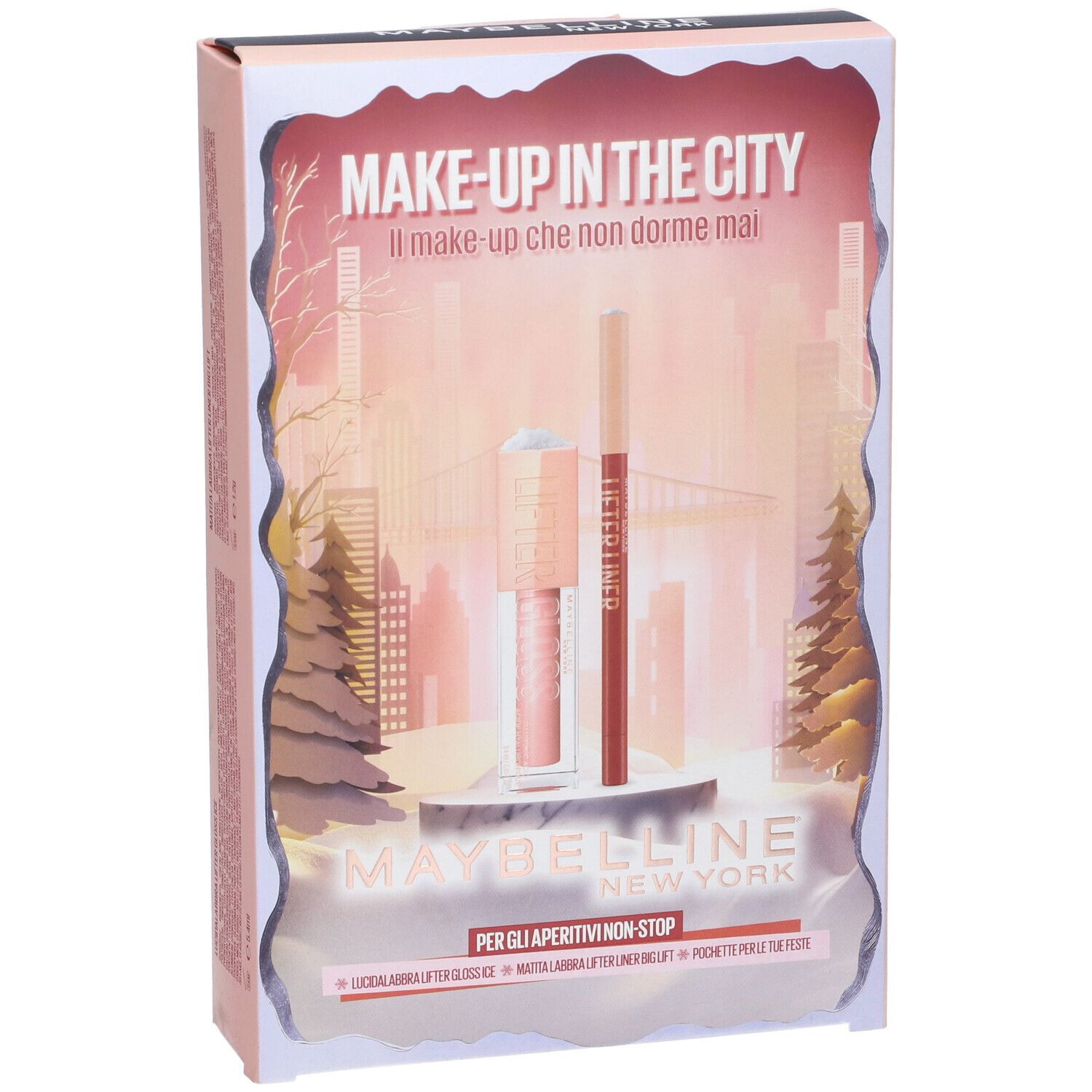 Confezione regalo Maybelline New York Xmas 2025. Include Lifter Gloss Ice 002 e Matita Labbra Lifter Liner Big Lift 07. Confezione a tema città.