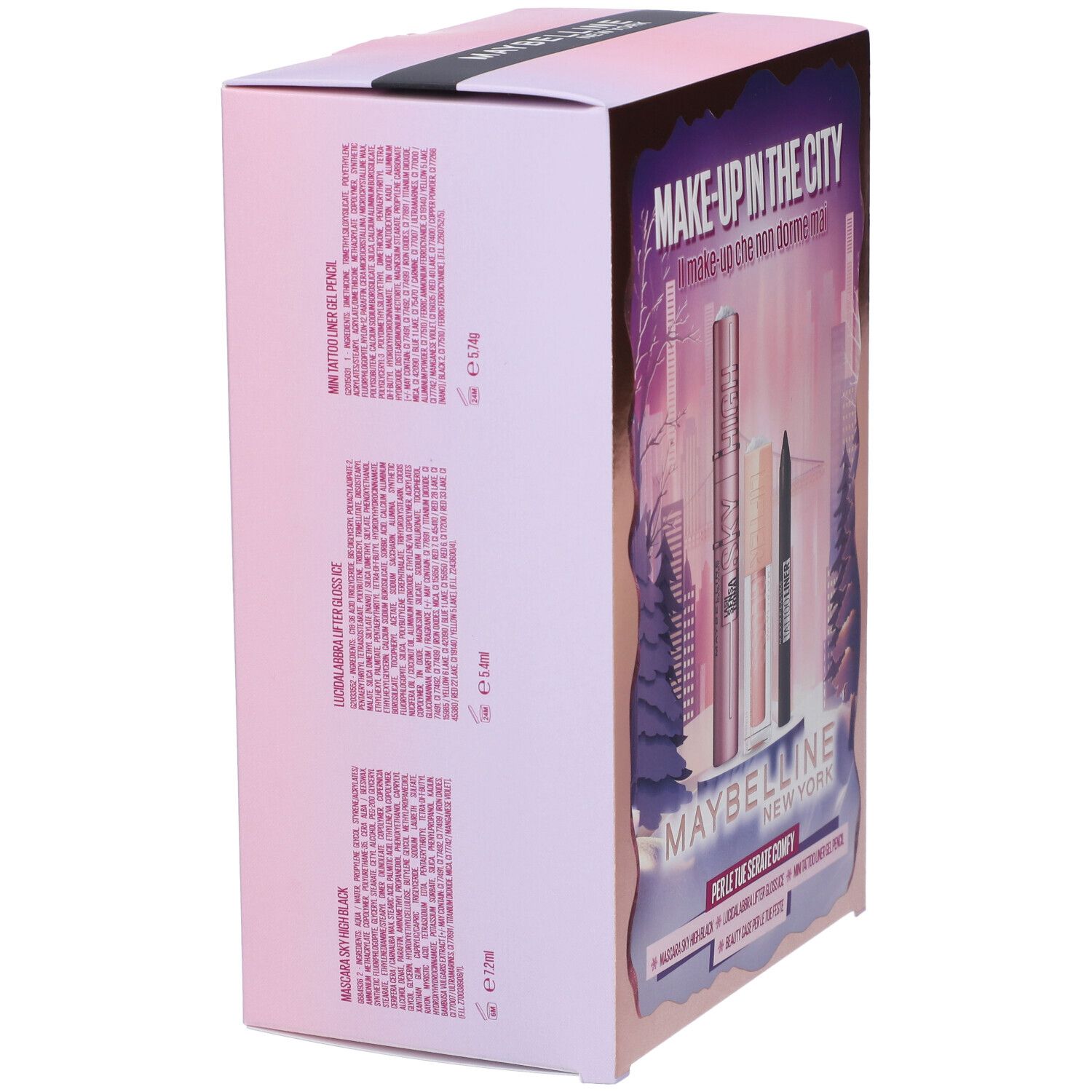 Lato di una confezione regalo rosa Maybelline New York. Testo: Make-up in the City. Contiene descrizioni dei prodotti in italiano.