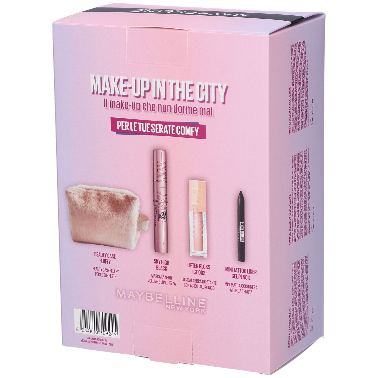 Retro di una confezione regalo rosa Maybelline New York. Contiene mascara, gloss, eyeliner e un beauty case. Testo: Make-up in the City.