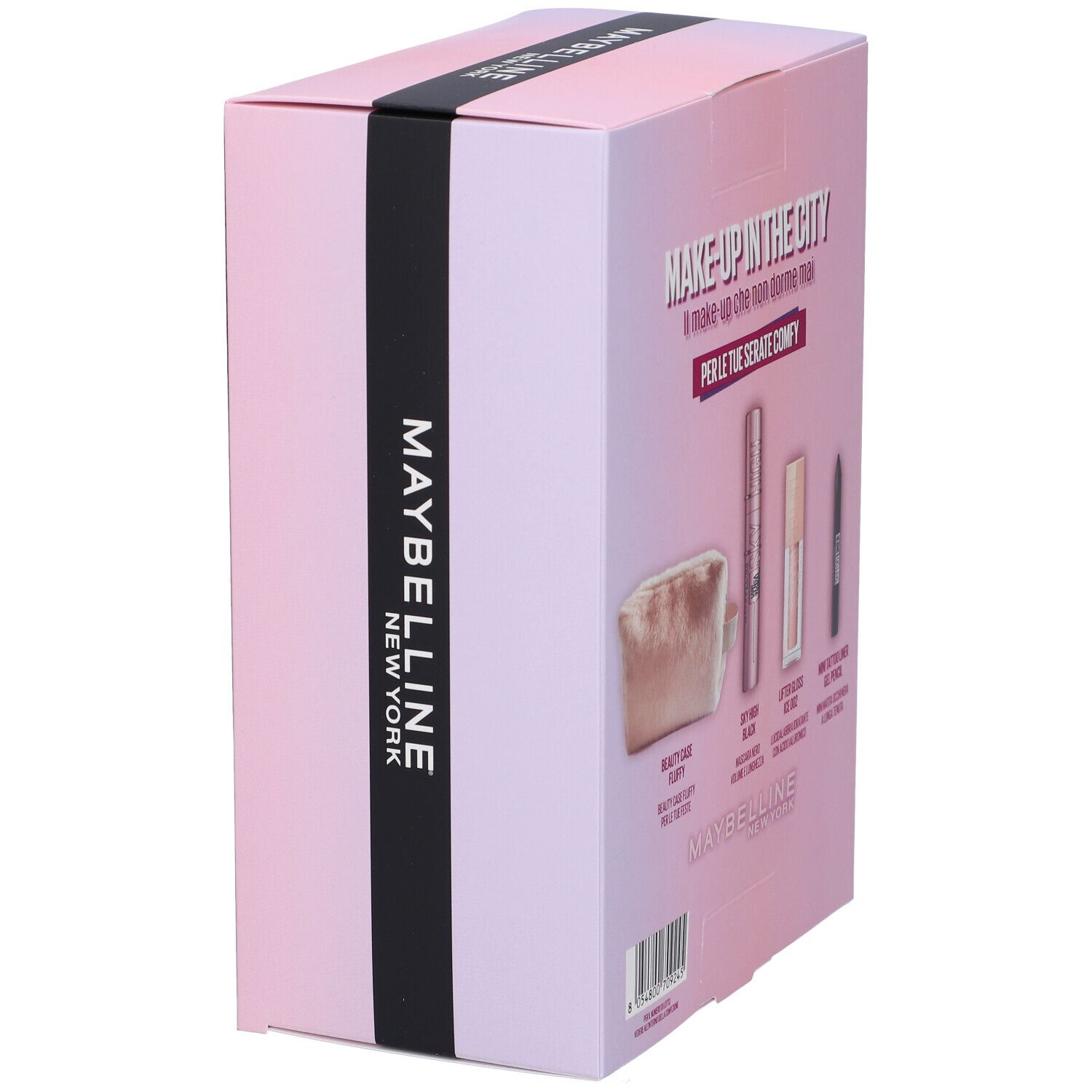 Lato di una confezione regalo rosa Maybelline New York. Testo: Maybelline New York. Nastro nero con logo.