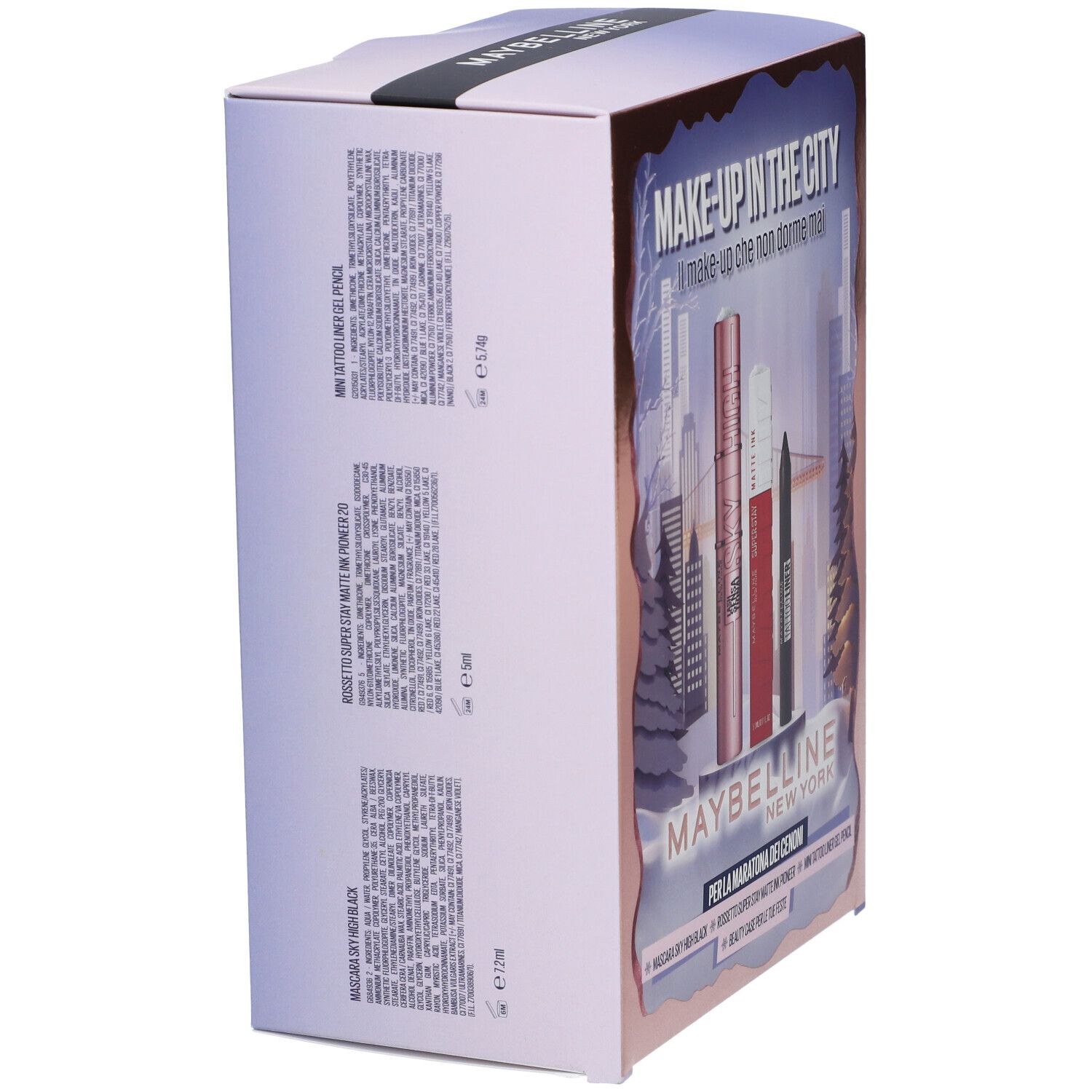 Retro della confezione regalo con informazioni sul prodotto. Marchio Maybelline New York. Testo in italiano.