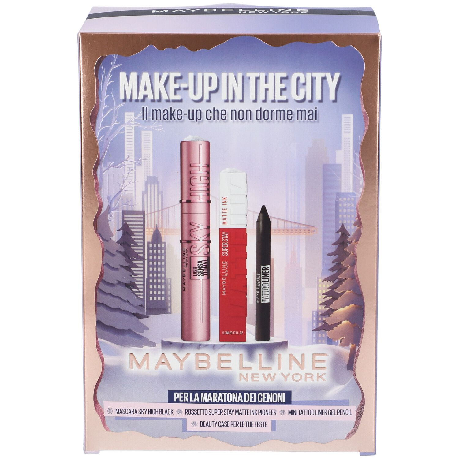 Confezione regalo con mascara, rossetto e eyeliner. Marchio Maybelline New York. Motivo urbano.