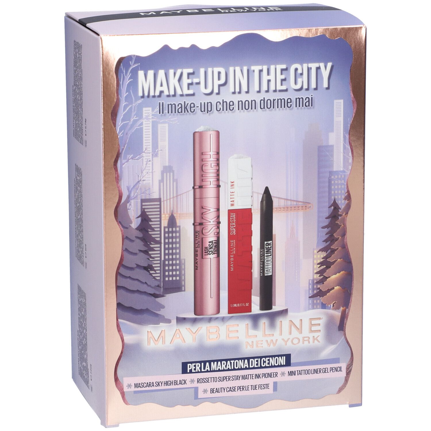 Confezione regalo con mascara, rossetto e eyeliner. Marchio Maybelline New York. Motivo urbano.