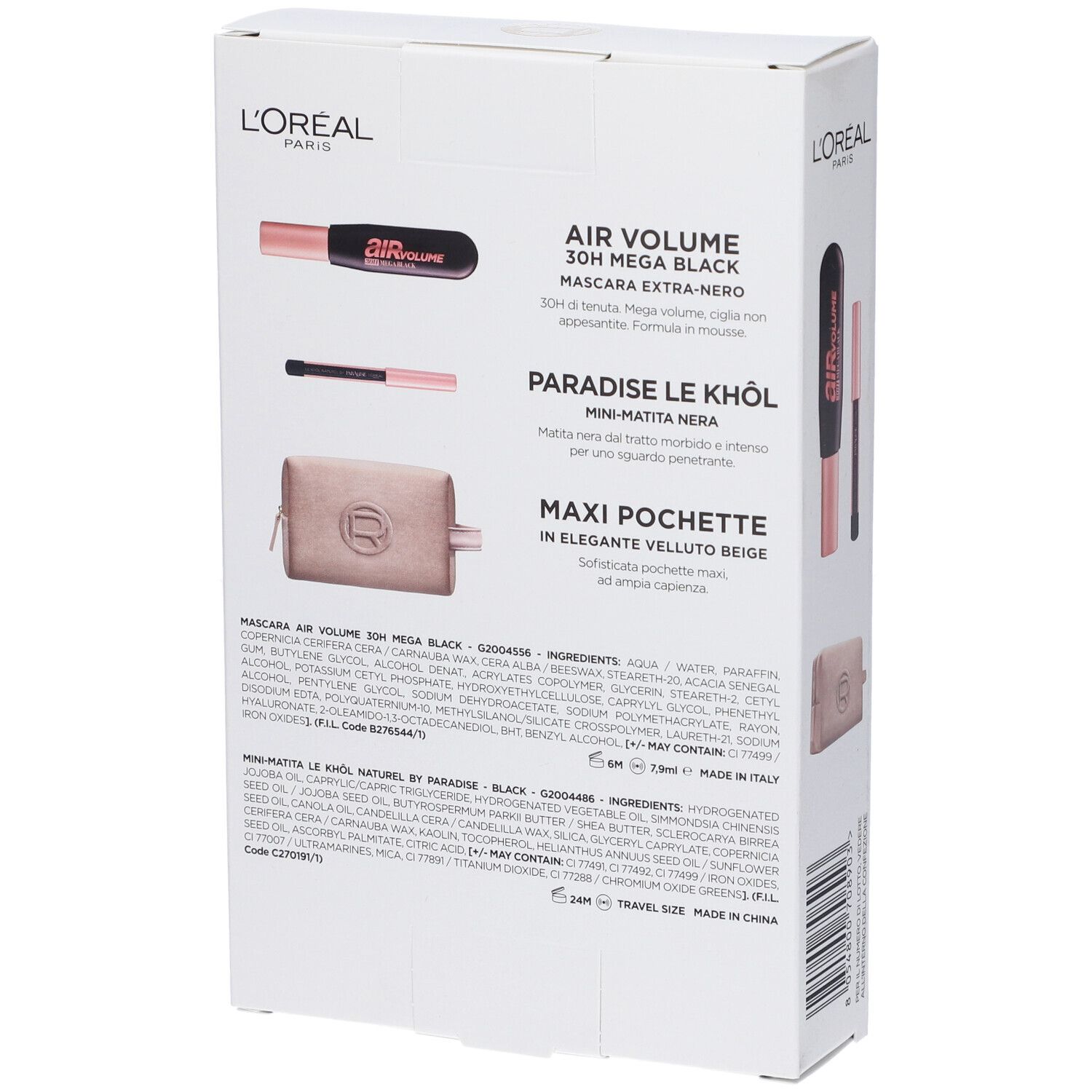 Retro della confezione bianca. Testo con nomi dei prodotti e ingredienti. Logo L'Oréal.