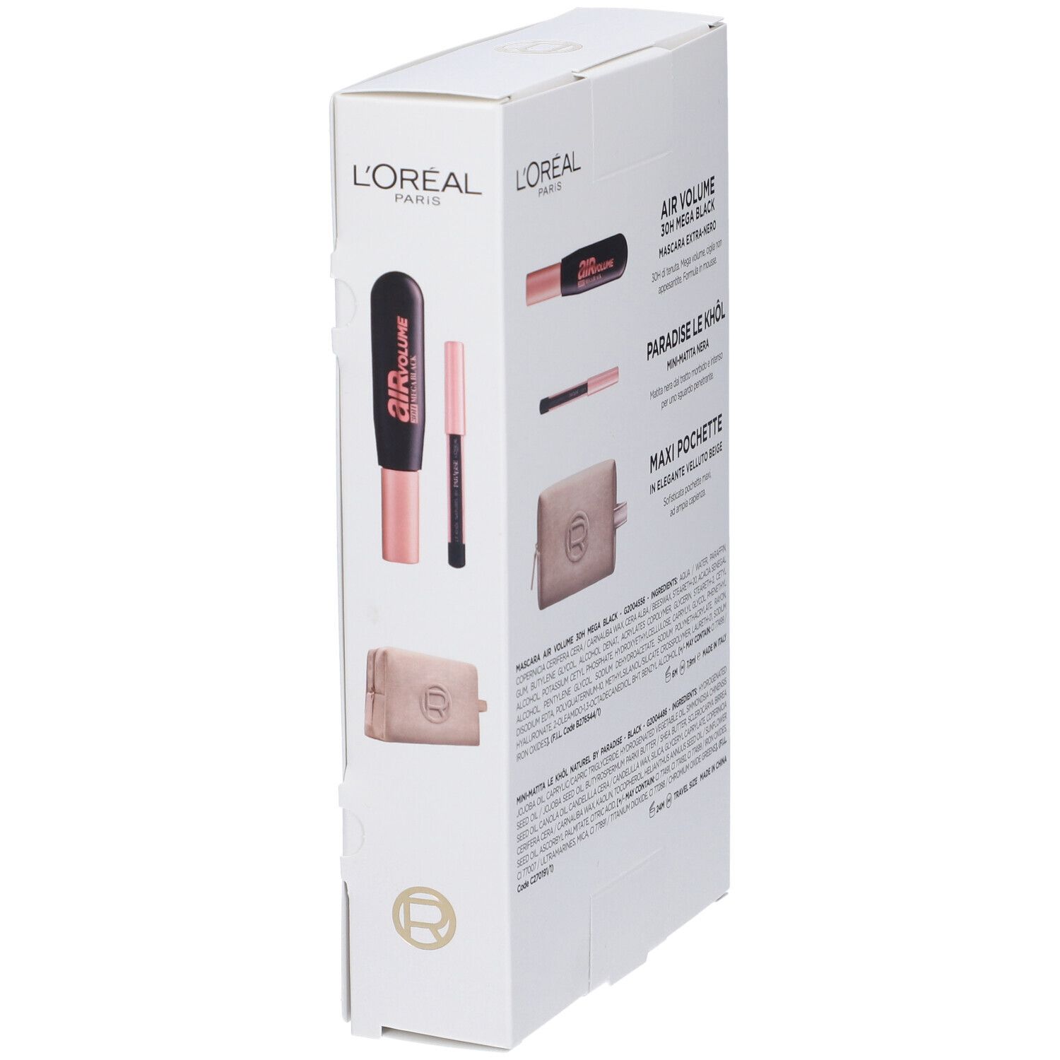 Vista laterale della confezione bianca. Mostra mascara, eyeliner e una piccola pochette. Logo L'Oréal.
