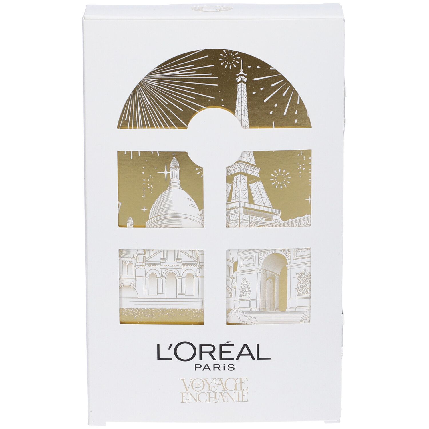 Confezione bianca con illustrazioni dorate di monumenti parigini. Logo L'Oréal.