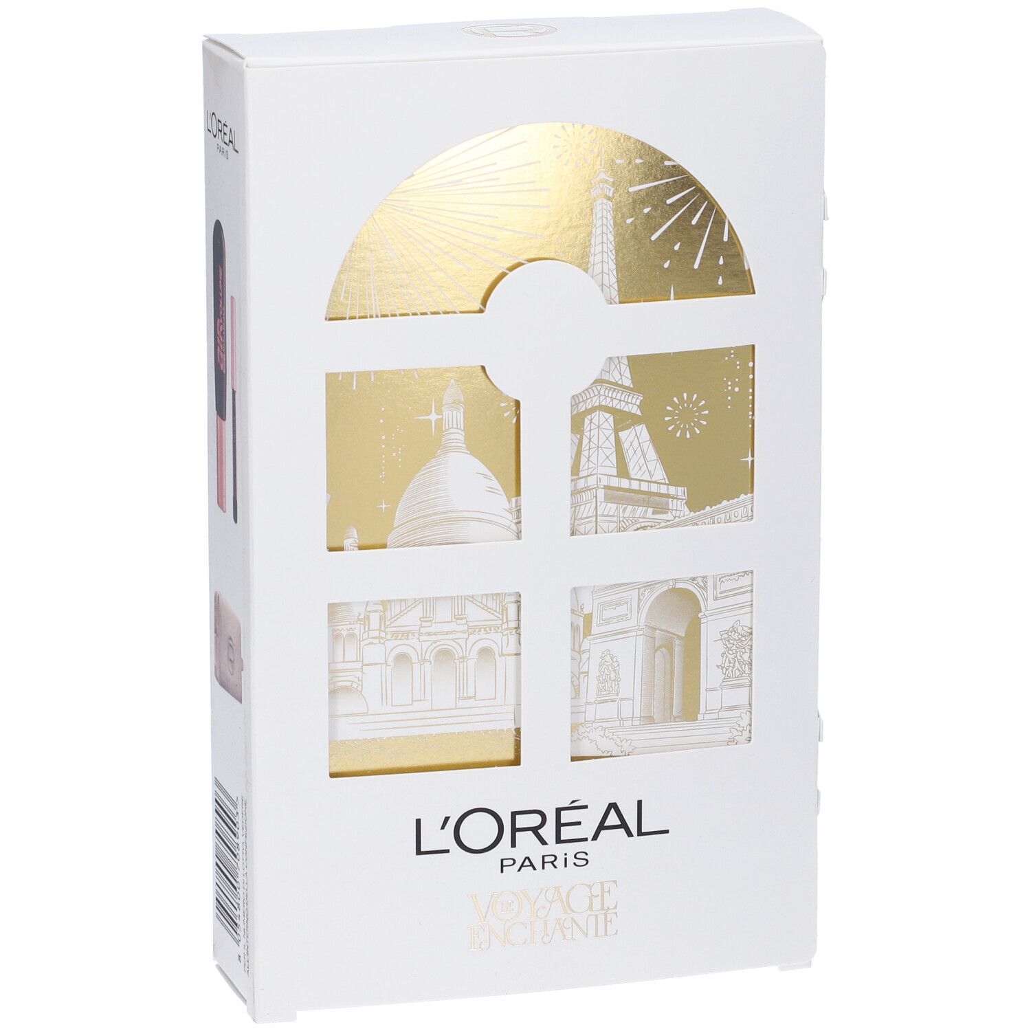 Confezione bianca con illustrazioni dorate di monumenti parigini. Logo L'Oréal.