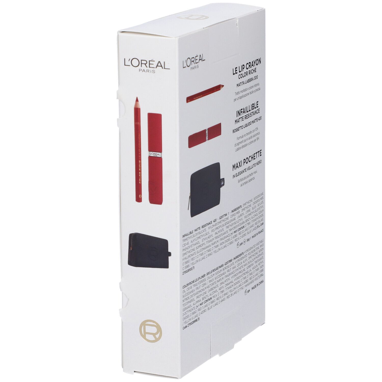 Confezione bianca con rossetto, matita labbra e pochette. Logo L'Oréal Paris. Informazioni sul prodotto.