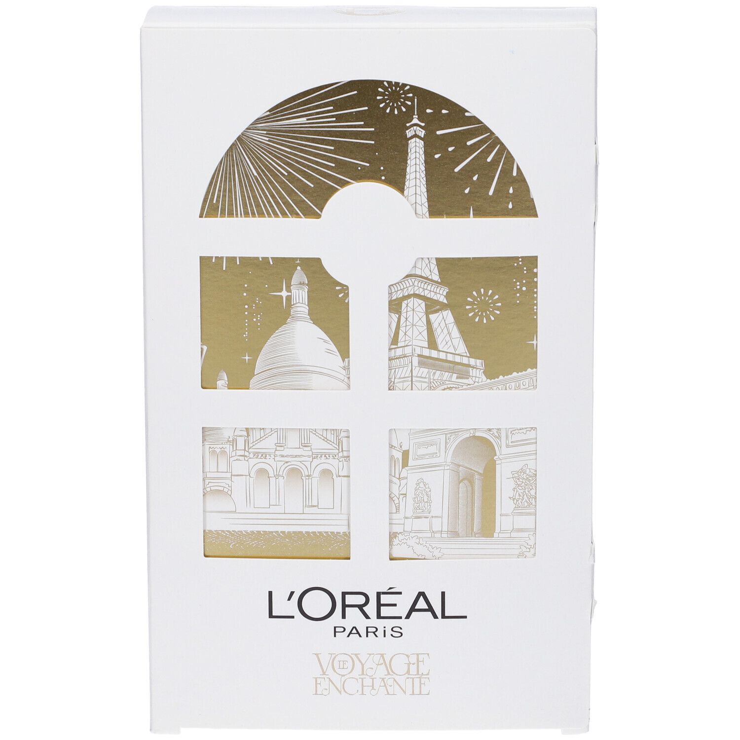 Confezione bianca con illustrazione dorata di Parigi. Logo L'Oréal Paris. Scritta Voyage Enchanté.