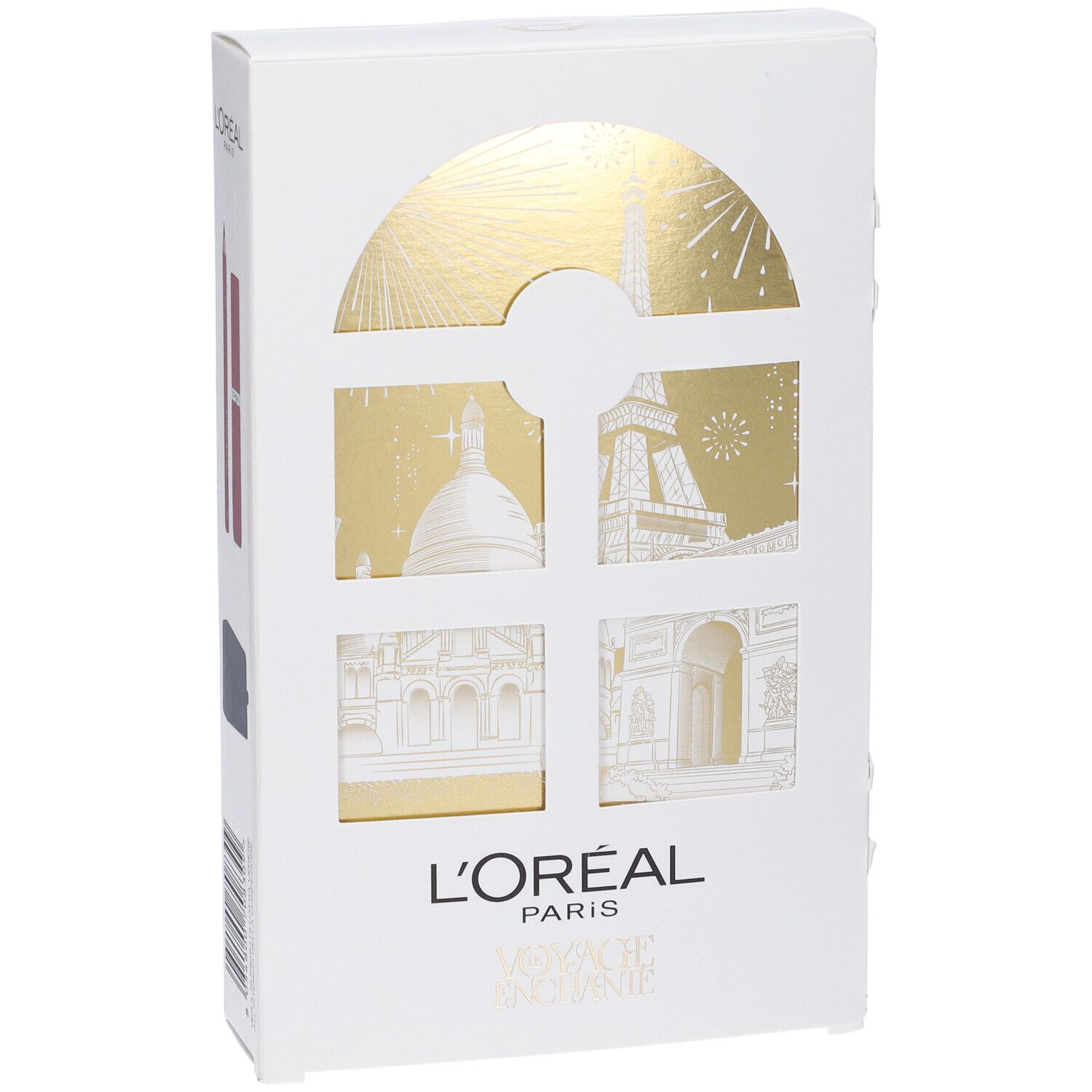 Confezione bianca con illustrazione dorata di Parigi. Logo L'Oréal Paris. Scritta Voyage Enchanté.