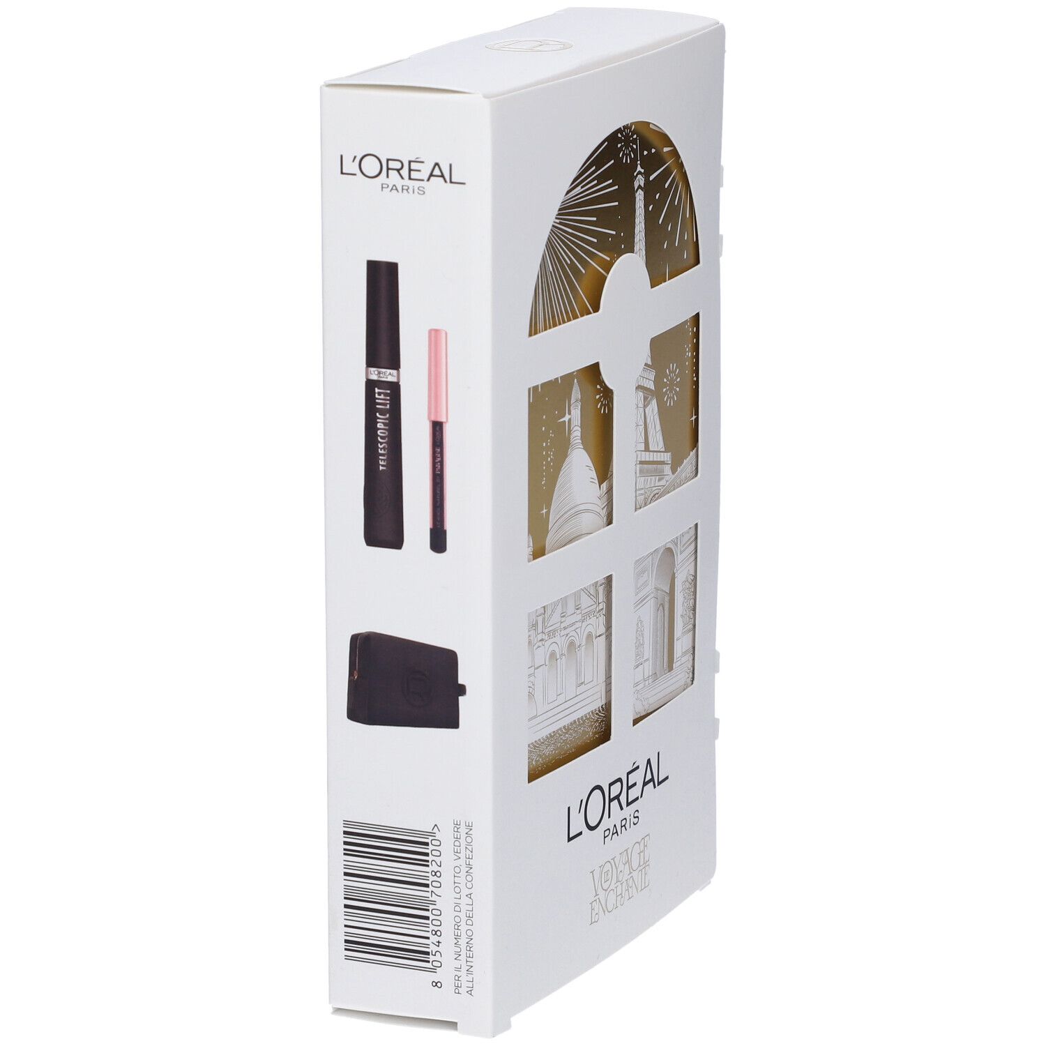 Scatola bianca con mascara, matita occhi e pochette. Logo L'Oréal Paris.