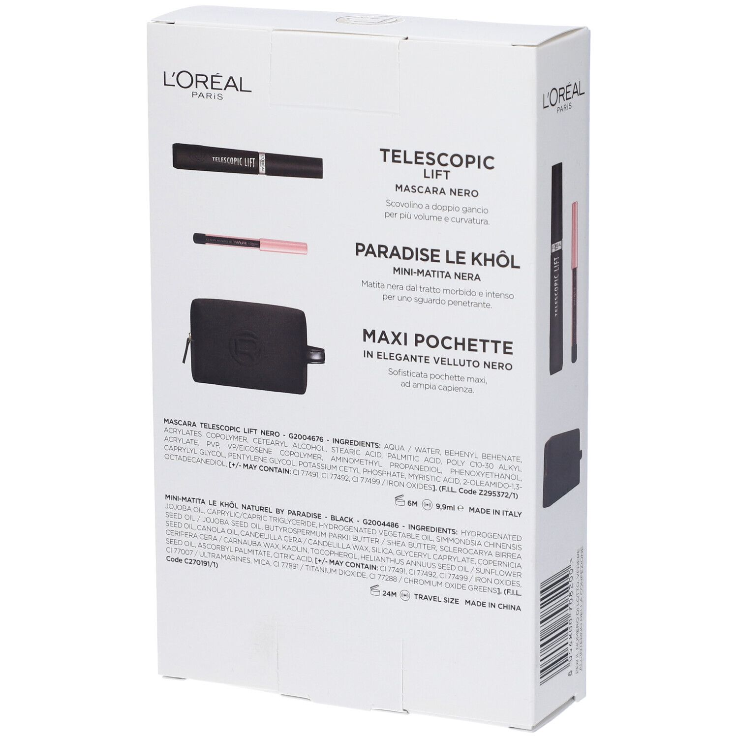 Retro della scatola bianca. Nomi dei prodotti e ingredienti. Logo L'Oréal Paris.