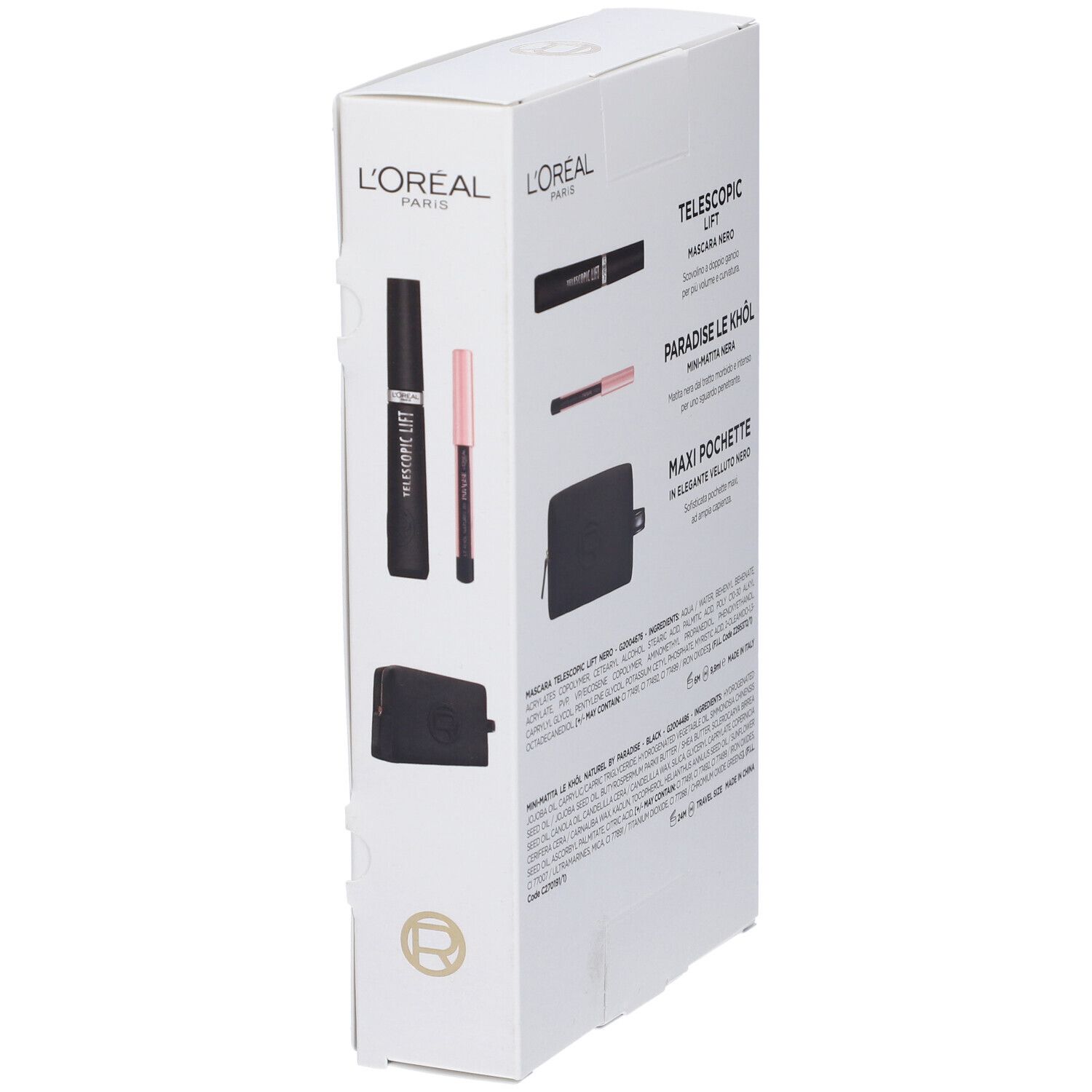 Scatola bianca con mascara, matita occhi e pochette. Logo L'Oréal Paris.