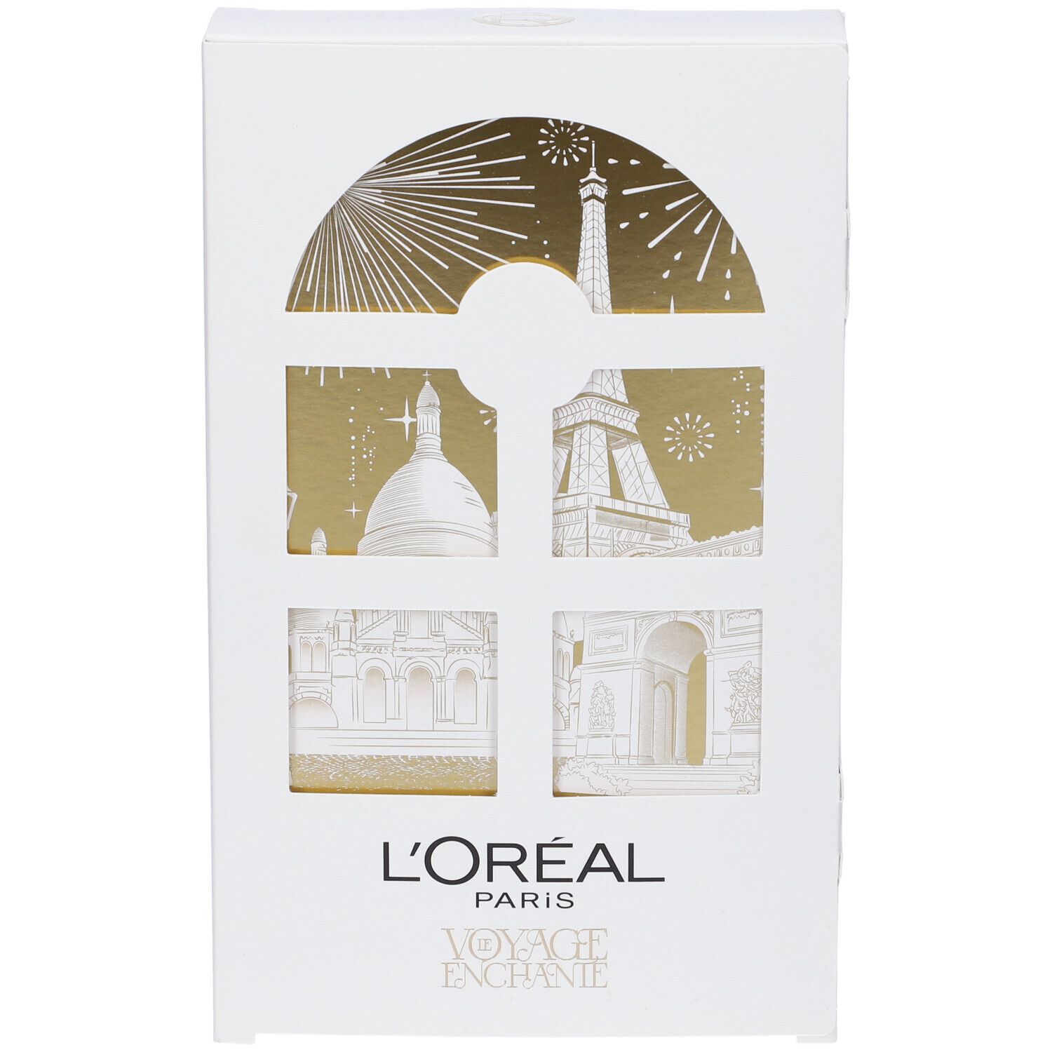 Scatola bianca con illustrazioni dorate di monumenti parigini. Logo L'Oréal Paris.