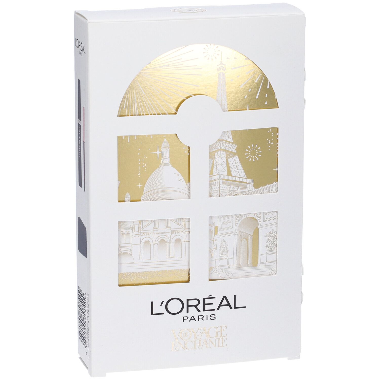 Scatola bianca con illustrazioni dorate di monumenti parigini. Logo L'Oréal Paris.