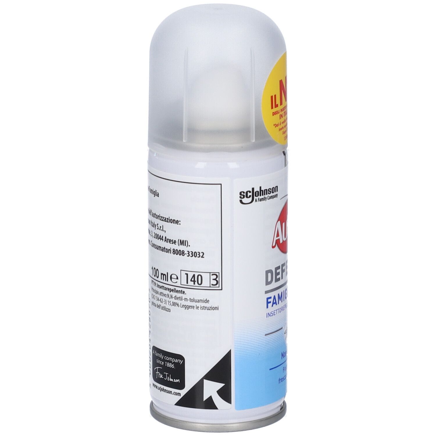 Retro della bomboletta spray Autan Defense Famiglia. Contiene 100 ml. Informazioni sulla produzione e ingredienti.