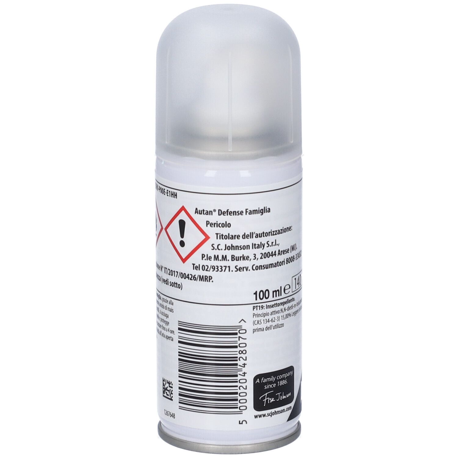 Lato della bomboletta spray Autan Defense Famiglia. Simboli di pericolo e informazioni sull'autorizzazione. Codice a barre.
