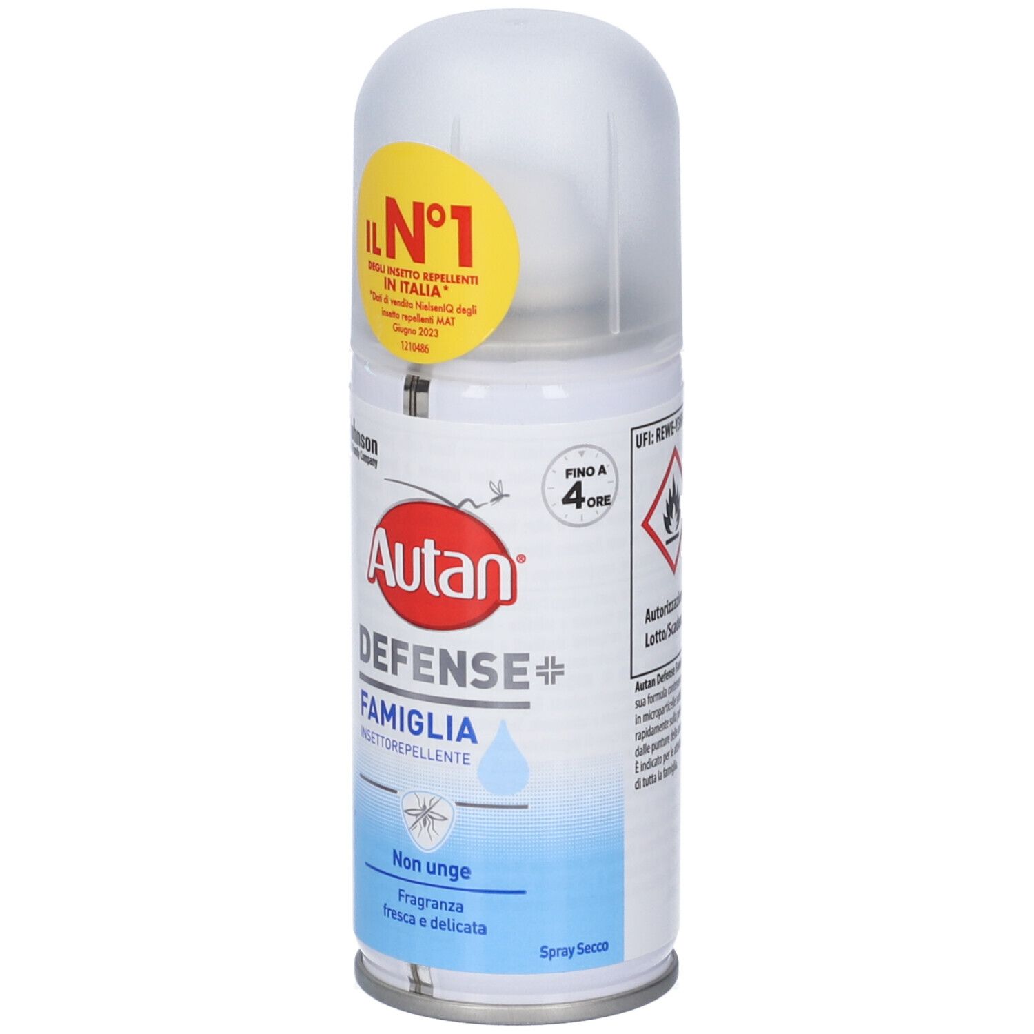Autan Defense Famiglia Spray. Protezione fino a 4 ore. Simboli di pericolo e informazioni sull'autorizzazione.