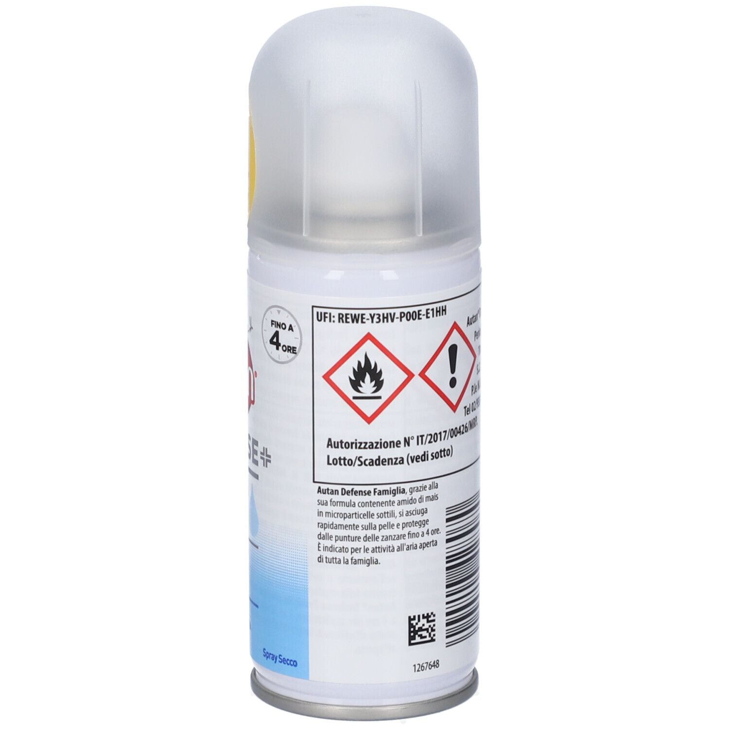 Autan Defense Famiglia Spray. Indicazione "Fino a 4 ore". Simboli di pericolo e informazioni sull'autorizzazione.