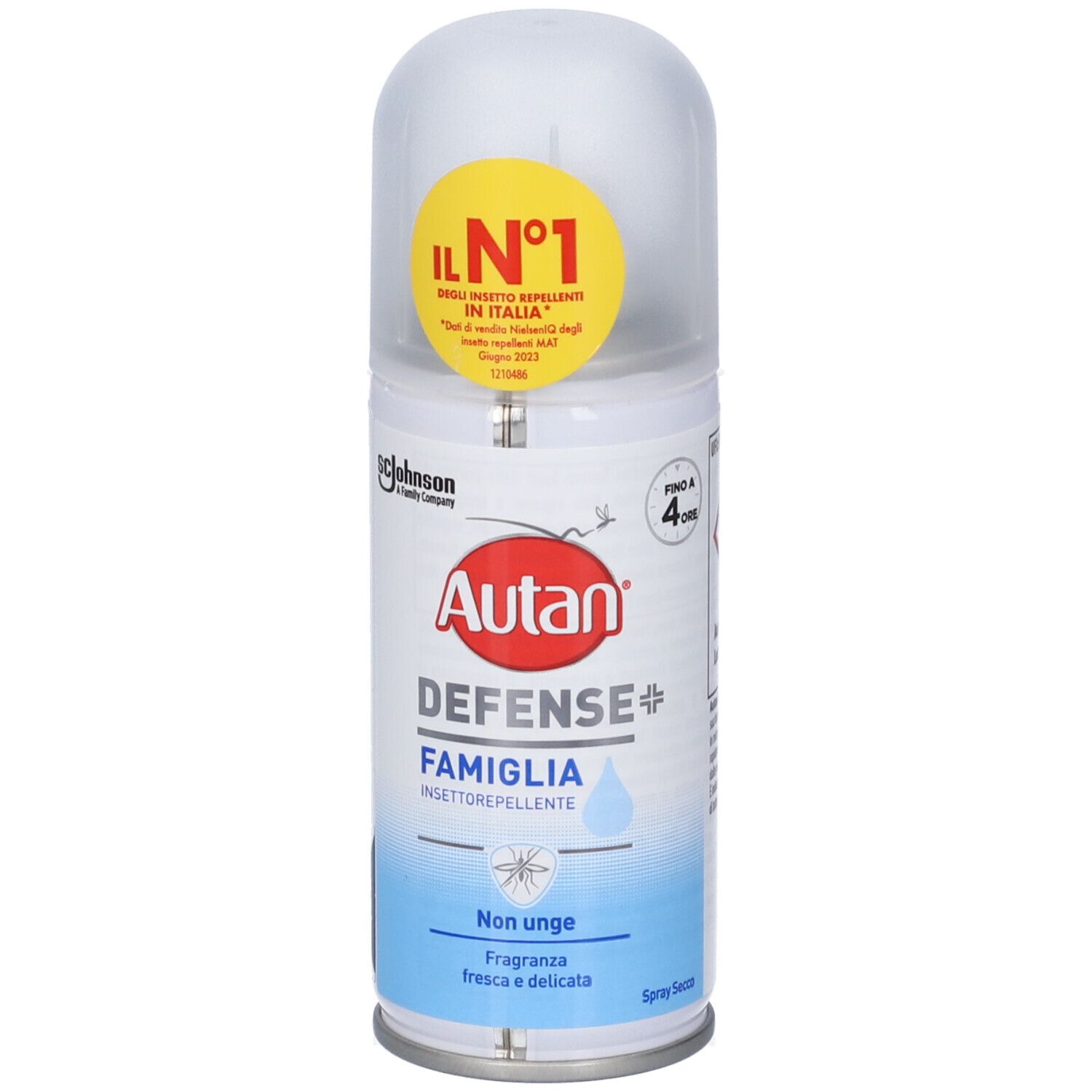 Autan Defense Famiglia Spray. Etichetta gialla "N°1". Indicazione "Fino a 4 ore". Bomboletta bianca con etichetta blu.