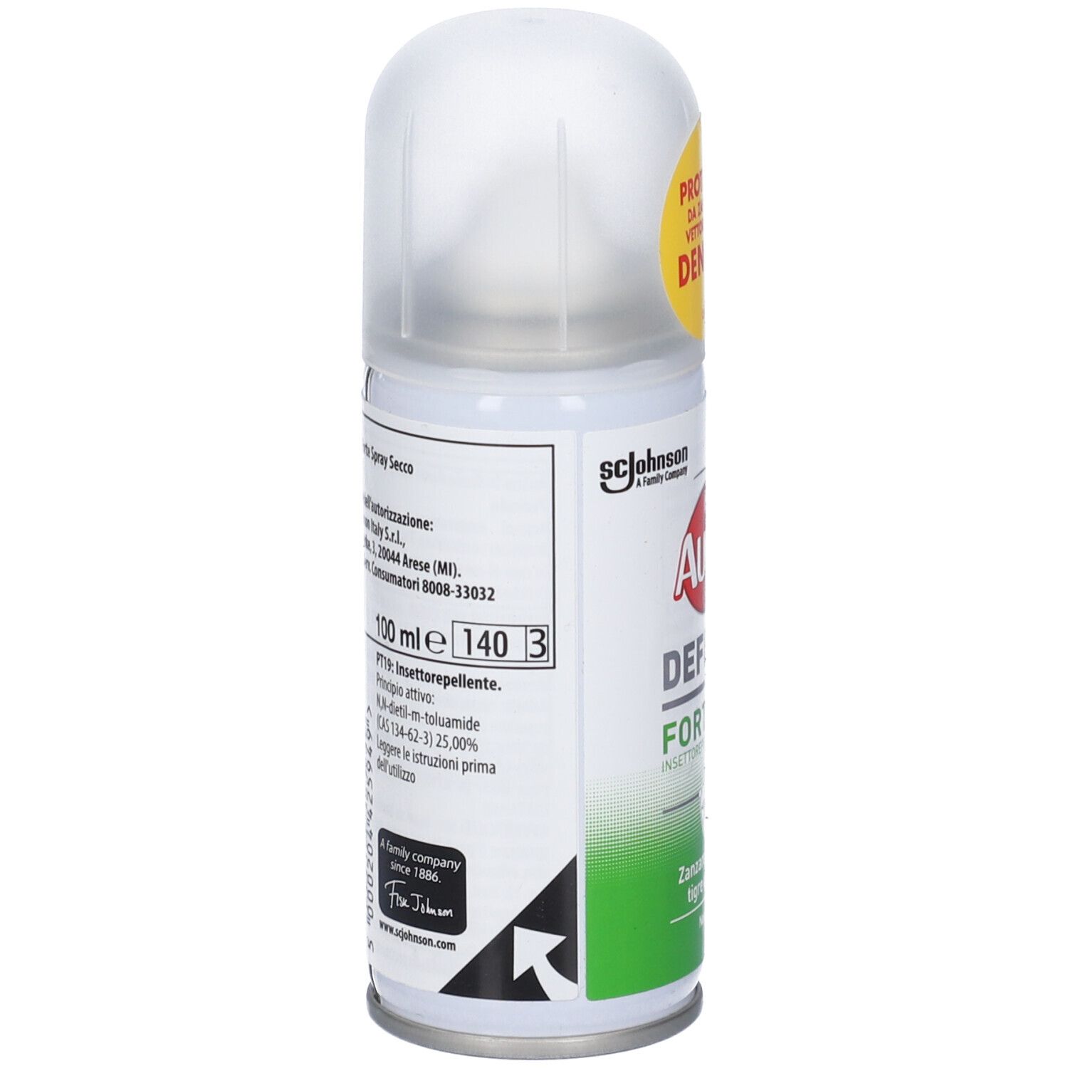 Retro della lattina spray Autan Defense Forte. Contiene 100 ml. Informazioni su ingredienti e uso.