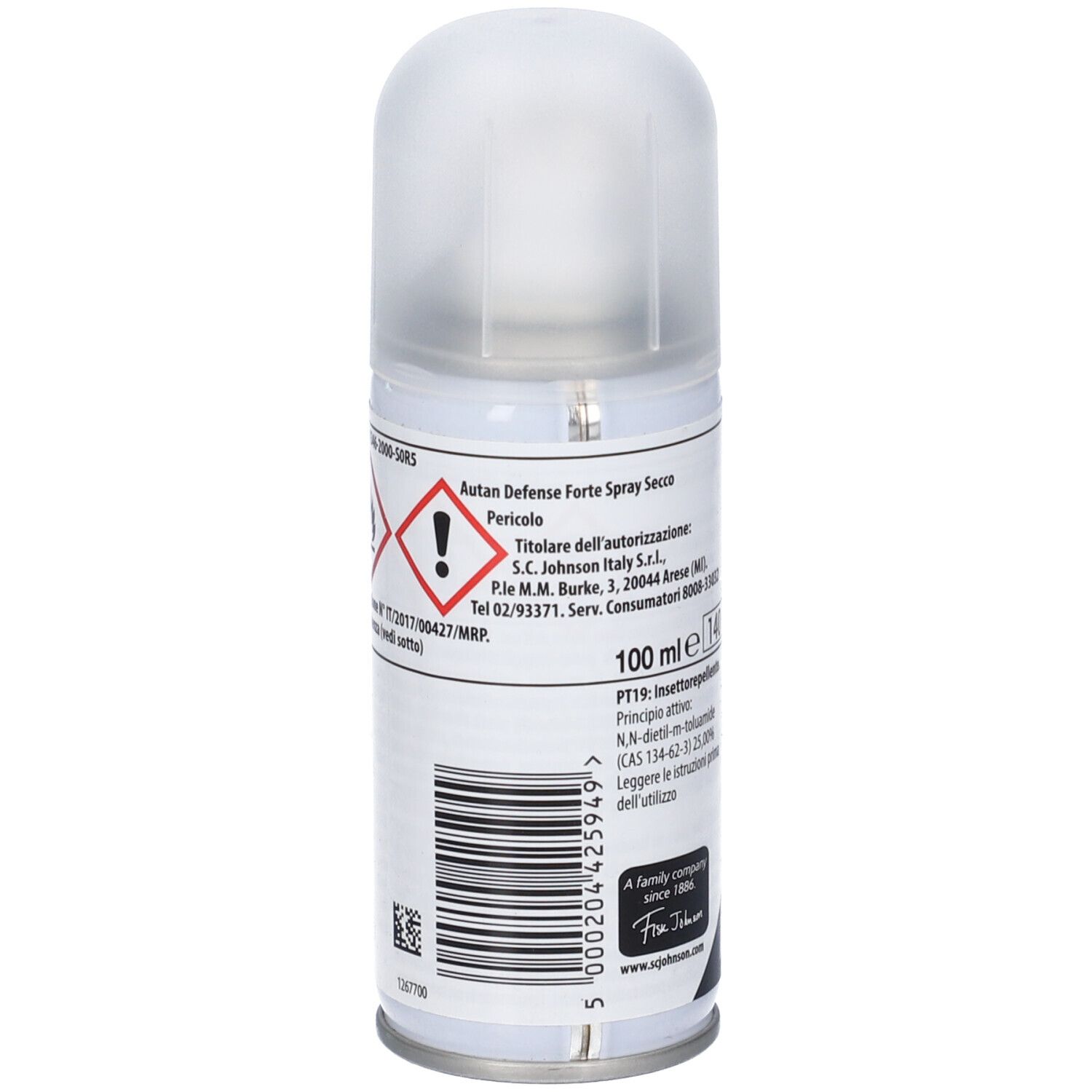Lato della lattina spray Autan Defense Forte con simboli di pericolo e codice a barre. Contiene 100 ml.