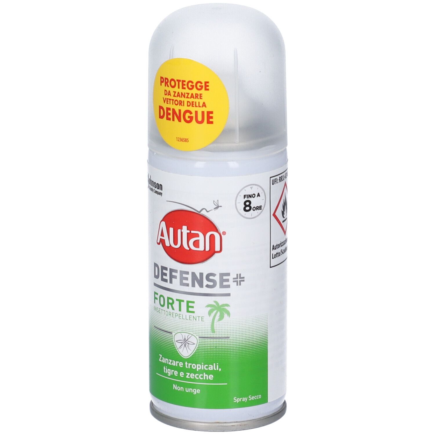 Spray Autan Defense Forte in lattina con tappo trasparente. Protezione fino a 8 ore.
