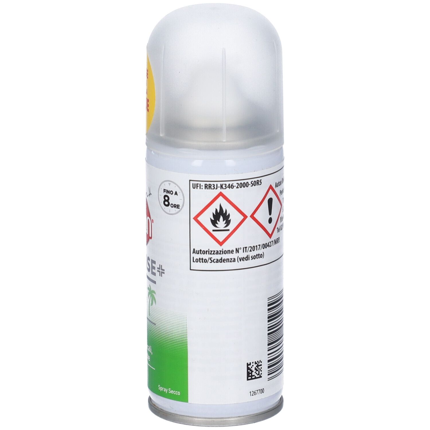 Lato della lattina spray Autan Defense Forte con simboli di fiamma e avvertenza. Protezione fino a 8 ore.