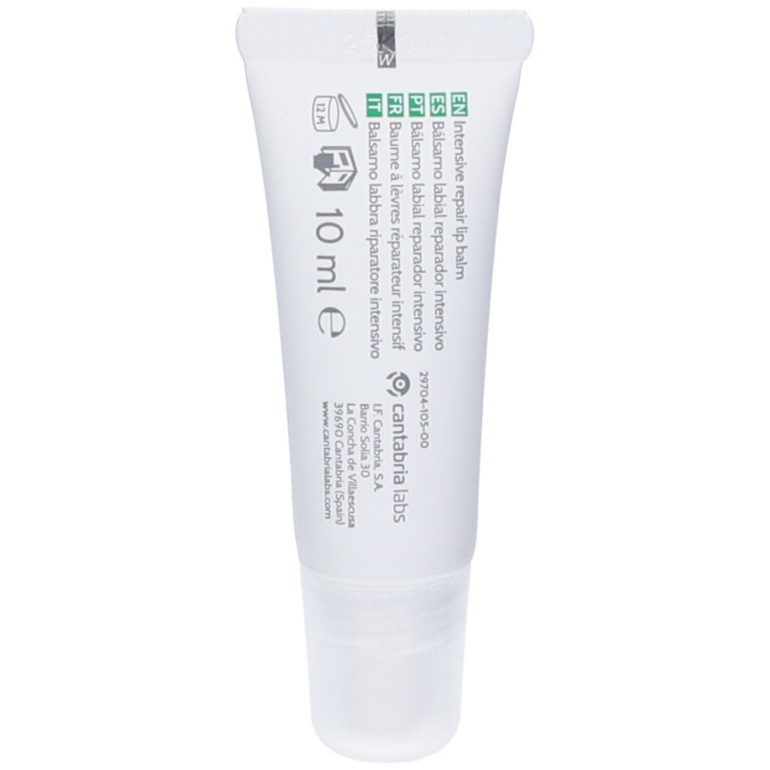 Tubo bianco con stampa verde. Testo: Intensive repair lip balm, 10 ml. Testo multilingue. Informazioni del produttore.