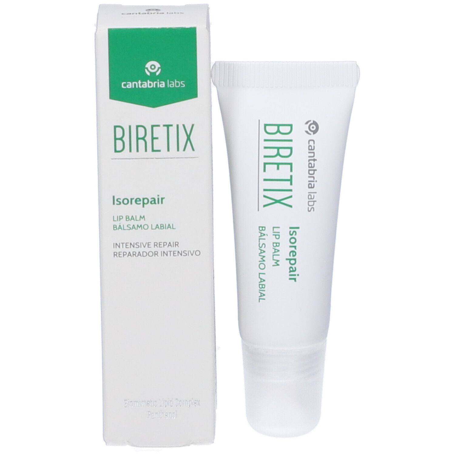 Confezione del prodotto: tubo e scatola. Scatola con stampa verde. Testo: Biretix, Isorepair, Lip Balm, Balsamo Labial.