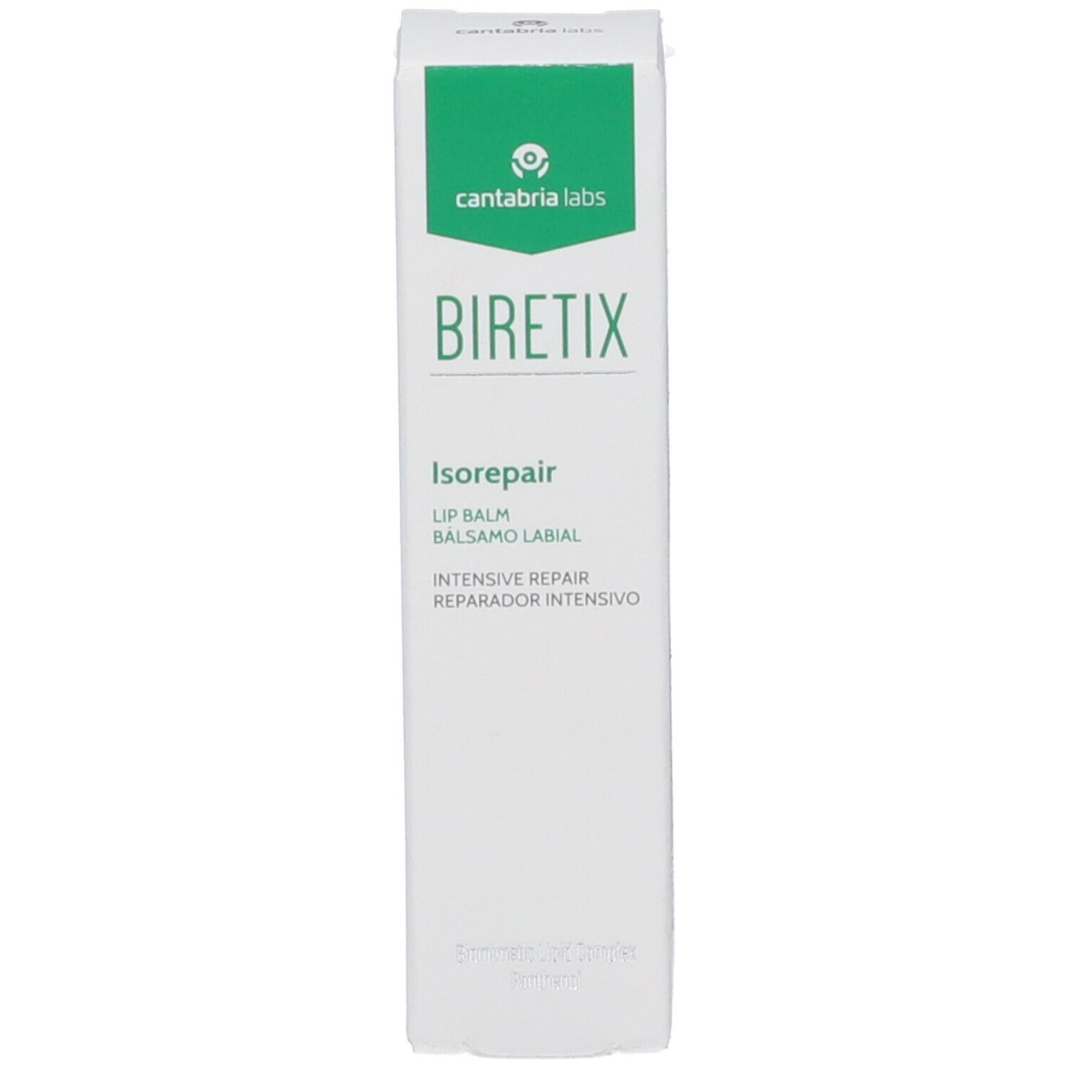 Scatola bianca con stampa verde. Testo: Biretix, Isorepair, Lip Balm, Balsamo Labial. Logo del produttore.