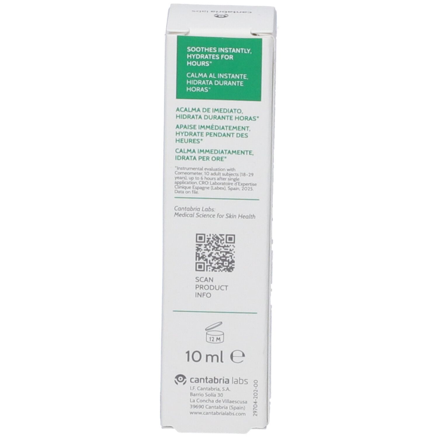 Retro della scatola. Testo: Soothes instantly, hydrates for hours. 10 ml. Codice QR. Logo del produttore.
