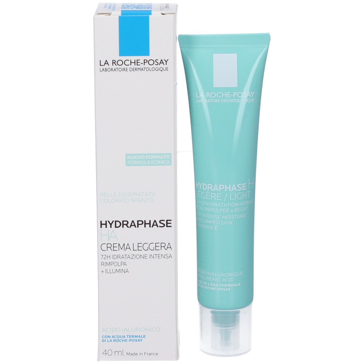 Confezione del prodotto. Tubo azzurro chiaro e scatola bianca. Nome prodotto: HYDRAPHASE HA. Marchio: La Roche-Posay.