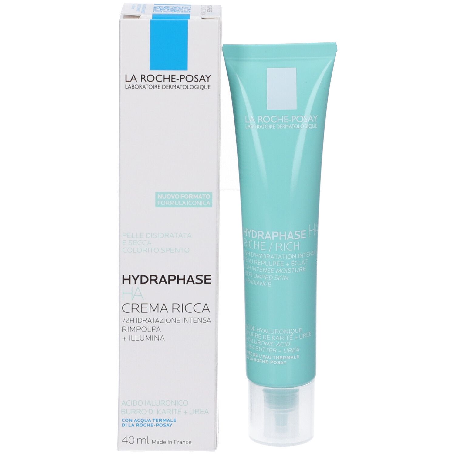 Prodotto e confezione. Scatola bianca e tubo turchese. Scritta: HYDRAPHASE HA CREMA RICCA, 40ml.