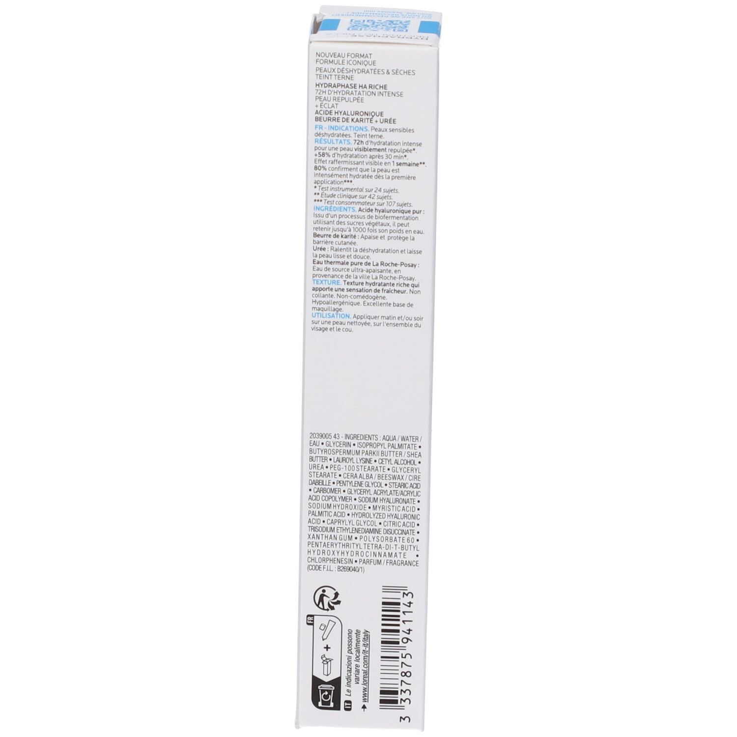 Scatola bianca, retro. Testo multilingue. Scritta: e 40ml. Informazioni sul produttore e ingredienti.