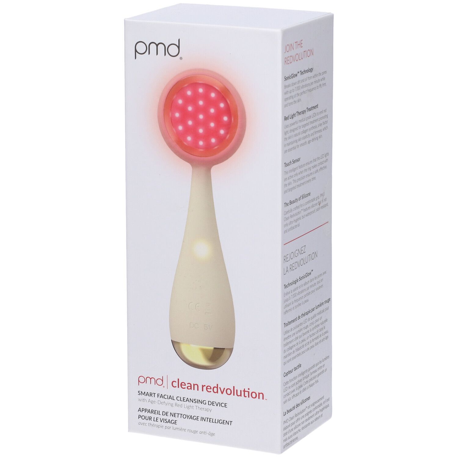 Confezione con dispositivo. Stampa: PMD clean redvolution. Dispositivo con luce rossa, manico bianco e base dorata.