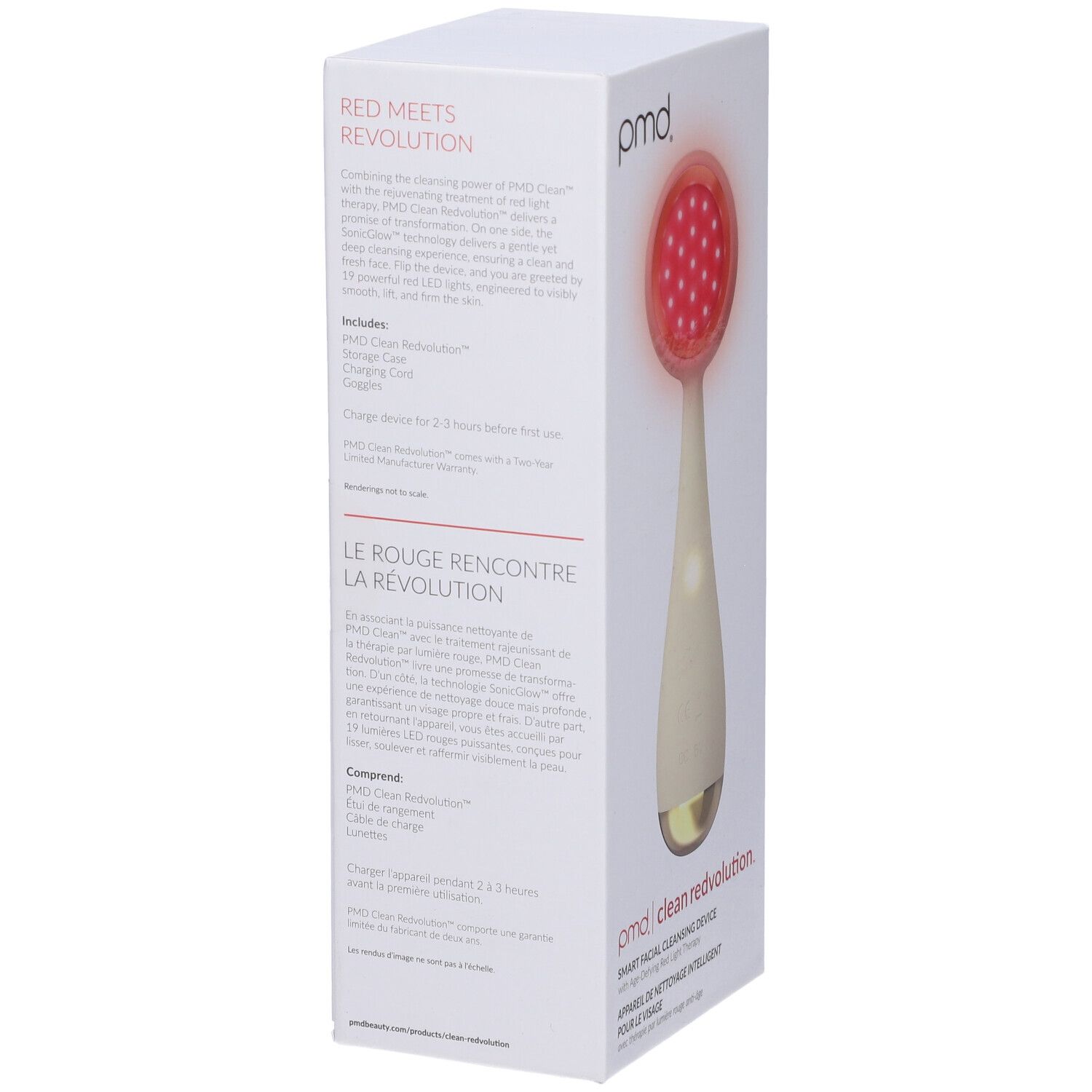 Confezione, vista laterale. Testo: PMD clean redvolution. Contiene informazioni sul prodotto e un'immagine del dispositivo.