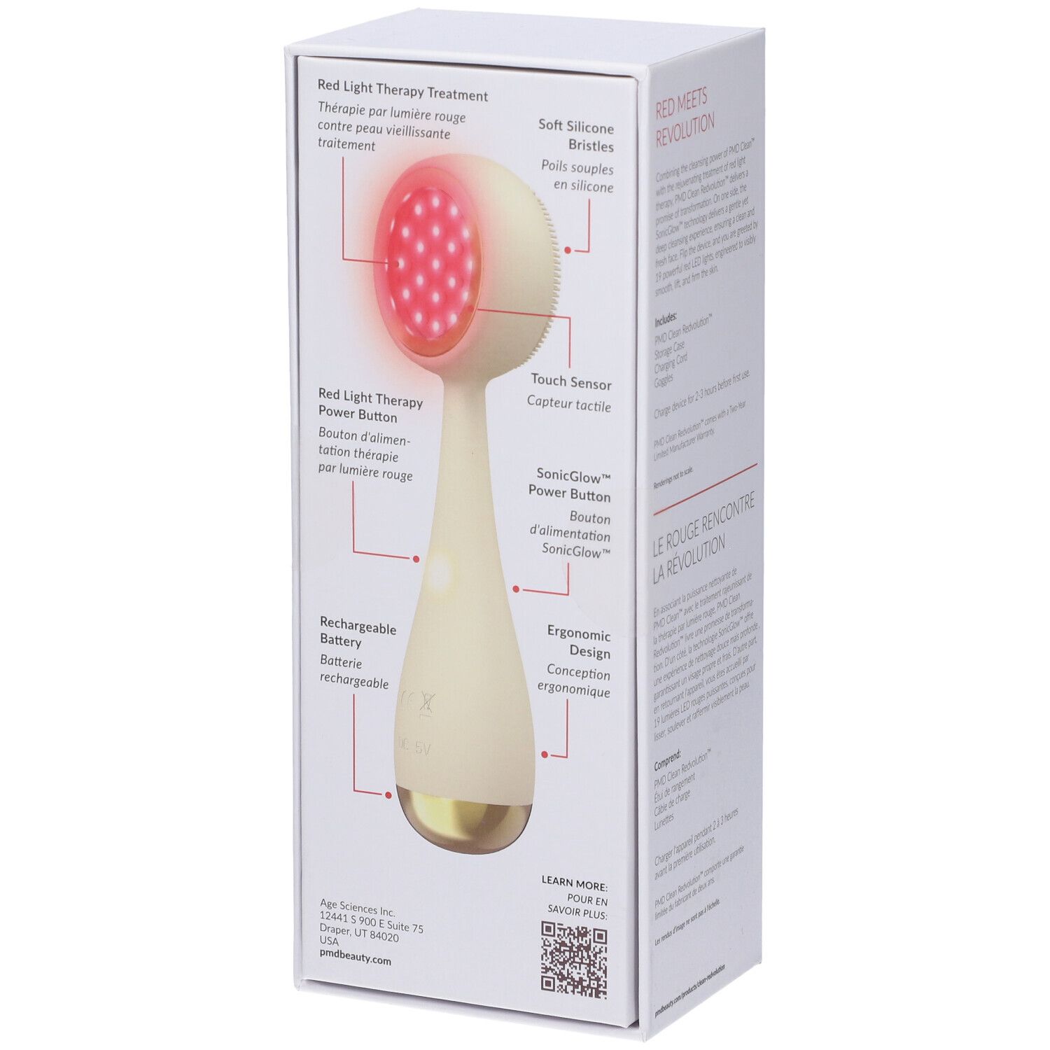 Confezione con diagramma del dispositivo. Didascalie: Red Light Therapy Treatment, Soft Silicone Bristles, ecc.