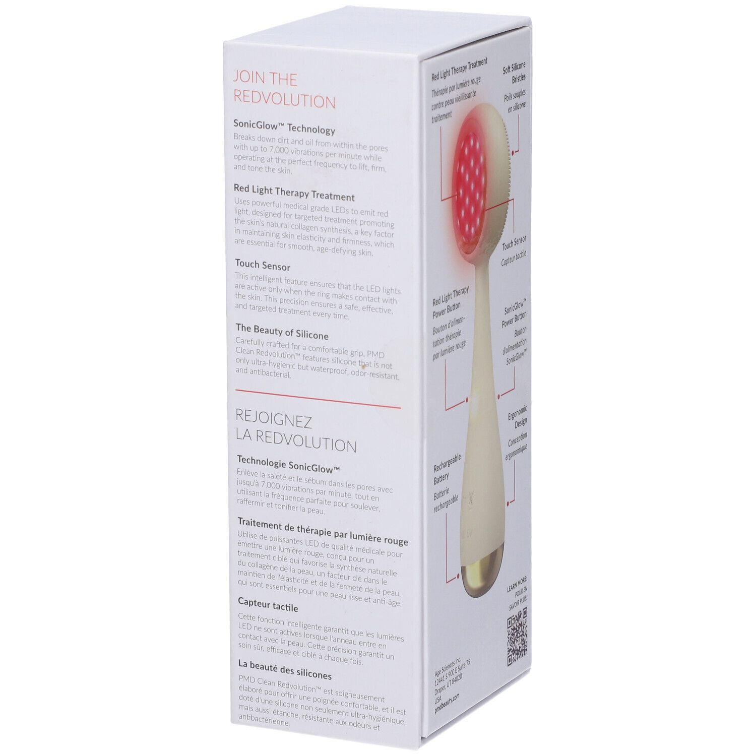 Confezione, vista dettagliata. Testo: Tecnologia SonicGlow, Trattamento con terapia della luce rossa, Sensore tattile, ecc.