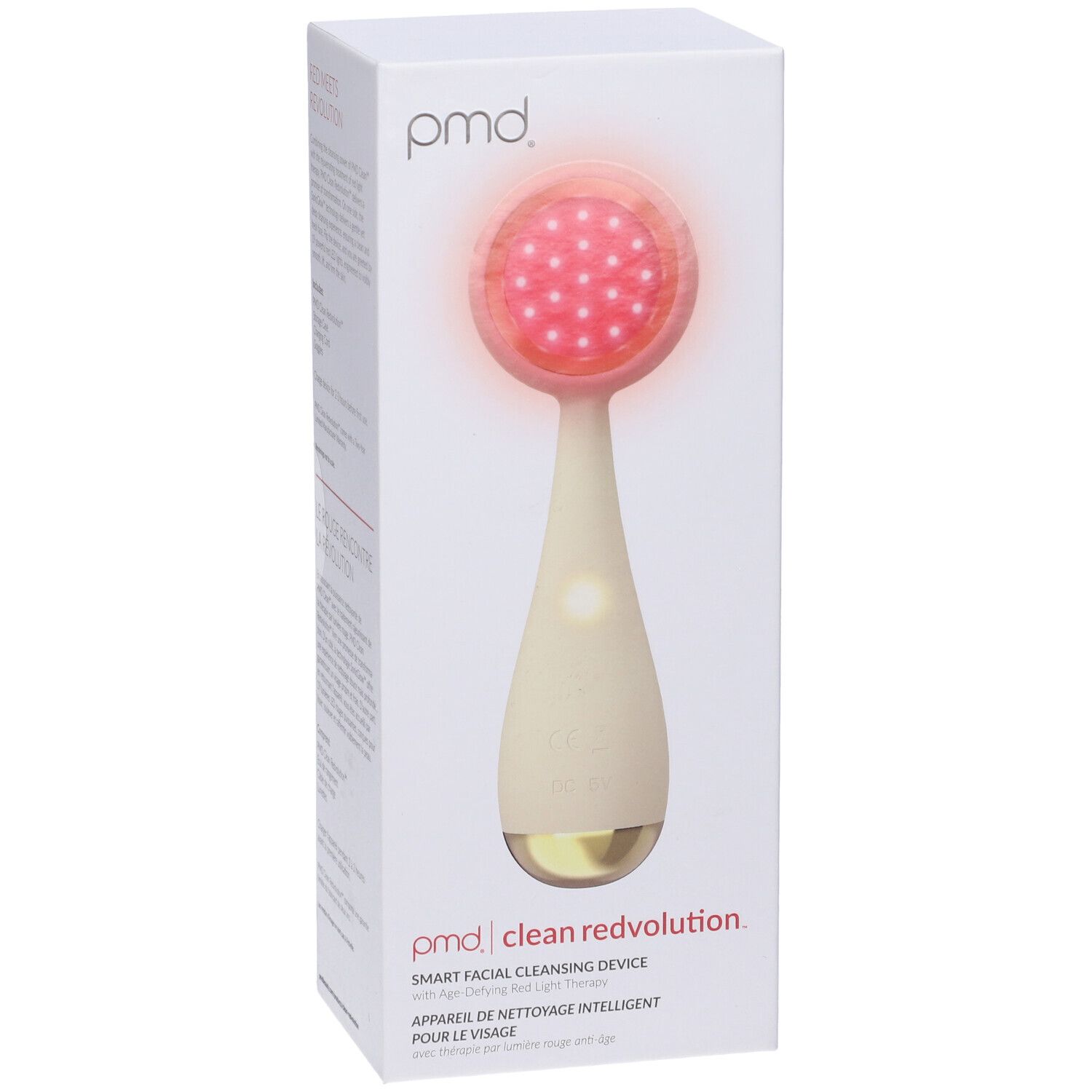 Confezione con dispositivo. Stampa: PMD clean redvolution. Dispositivo con luce rossa, manico bianco e base dorata.