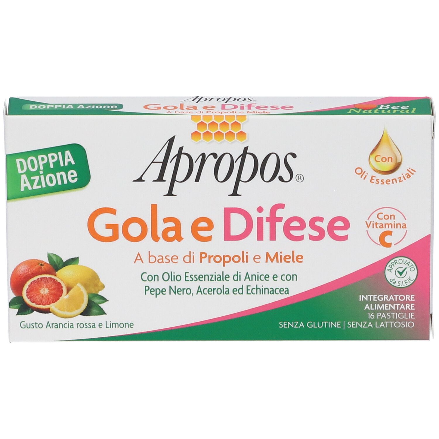 Confezione di pastiglie Apropos Gola e Difese con alveari e frutta.