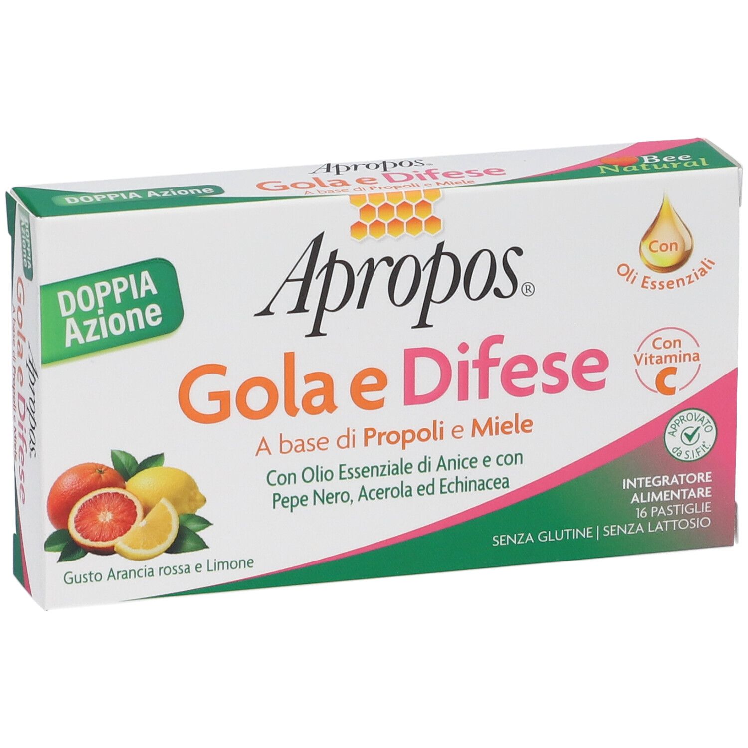 Confezione di pastiglie Apropos Gola e Difese con alveari e frutta.