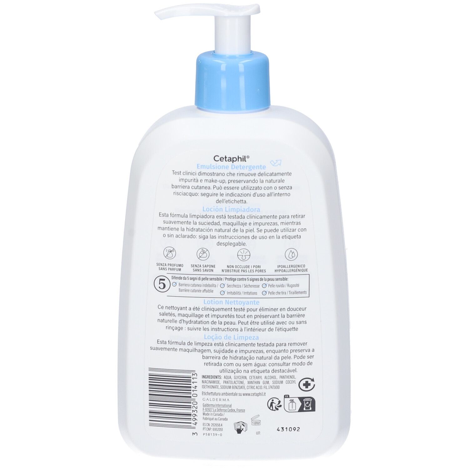 Retro del flacone bianco. Testo Cetaphil Emulsione Detergente. Informazioni sull'uso e sugli ingredienti.