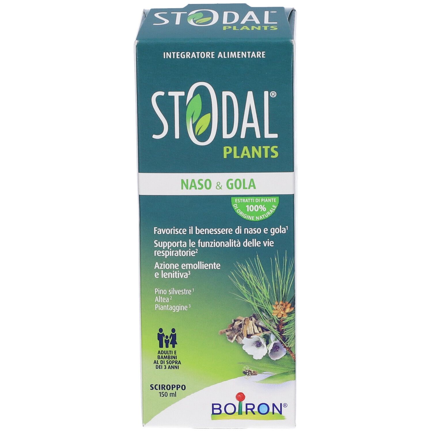 Confezione Stodal Plants Naso & Gola, sciroppo 150 ml. Scatola verde e bianca con illustrazioni di piante.