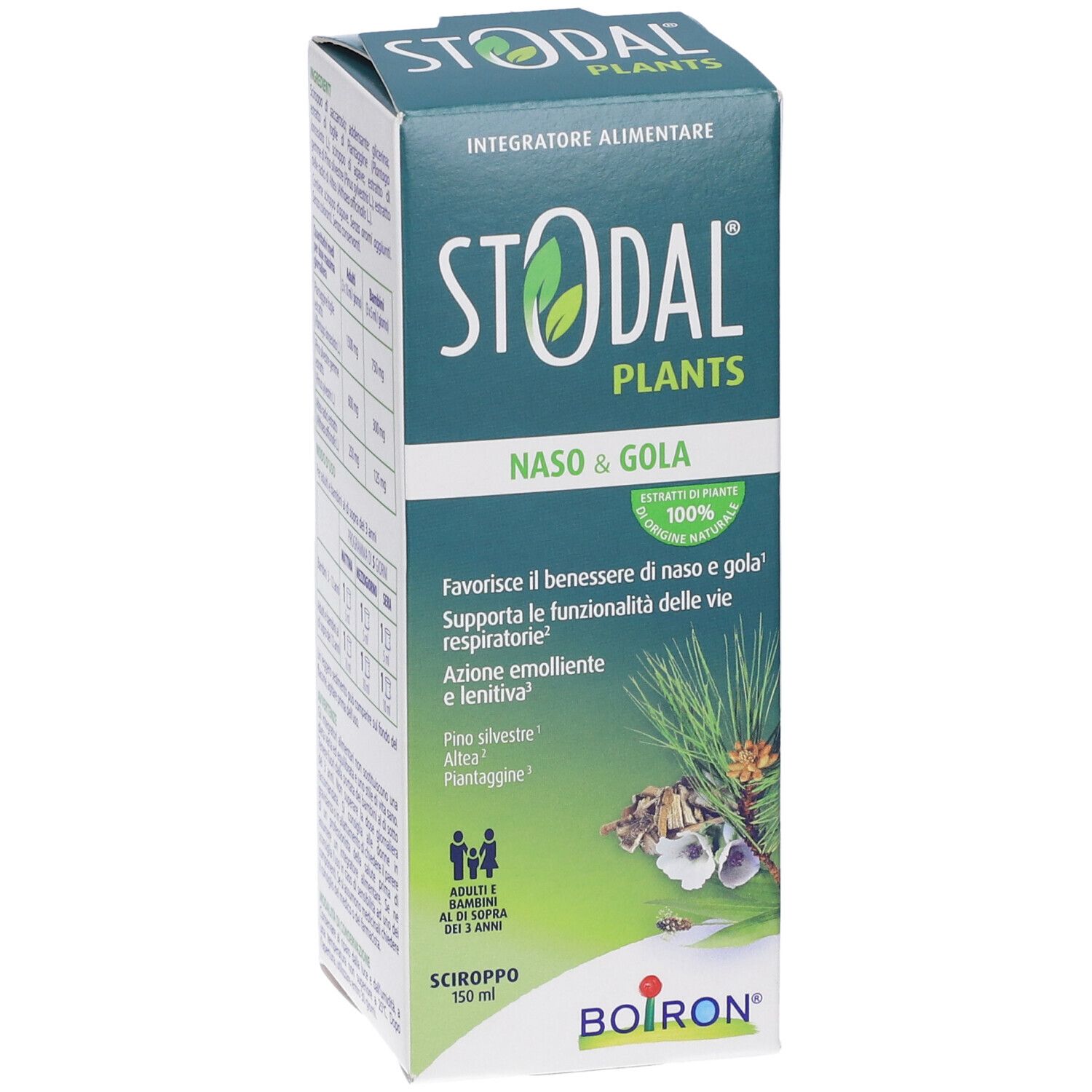 Sciroppo Stodal Plants Naso & Gola 150ml, confezione in cartone con motivo pino ed erbe.