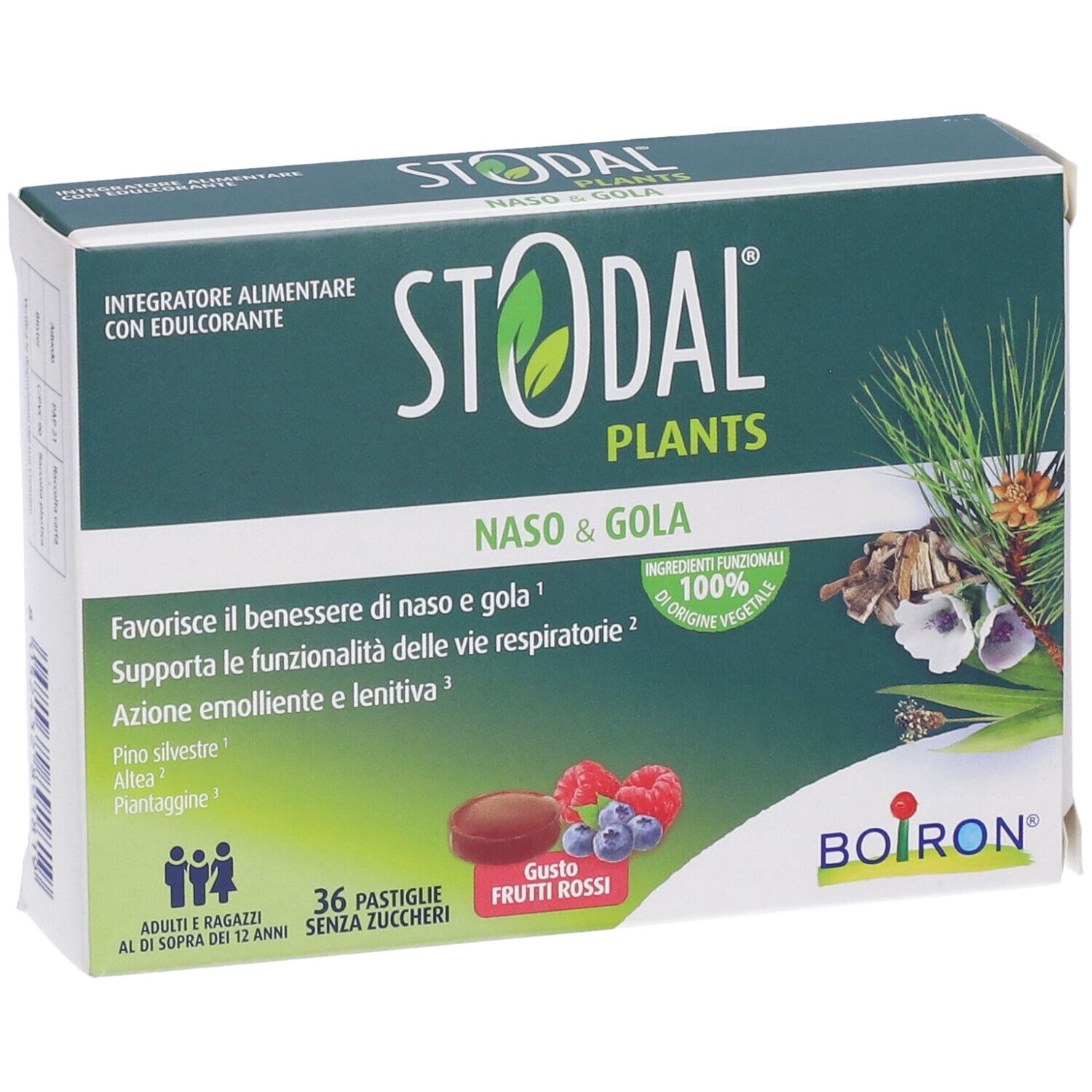Confezione per pastiglie Stodal Plants Naso & Gola. Gusto frutti rossi. 36 pastiglie senza zucchero.