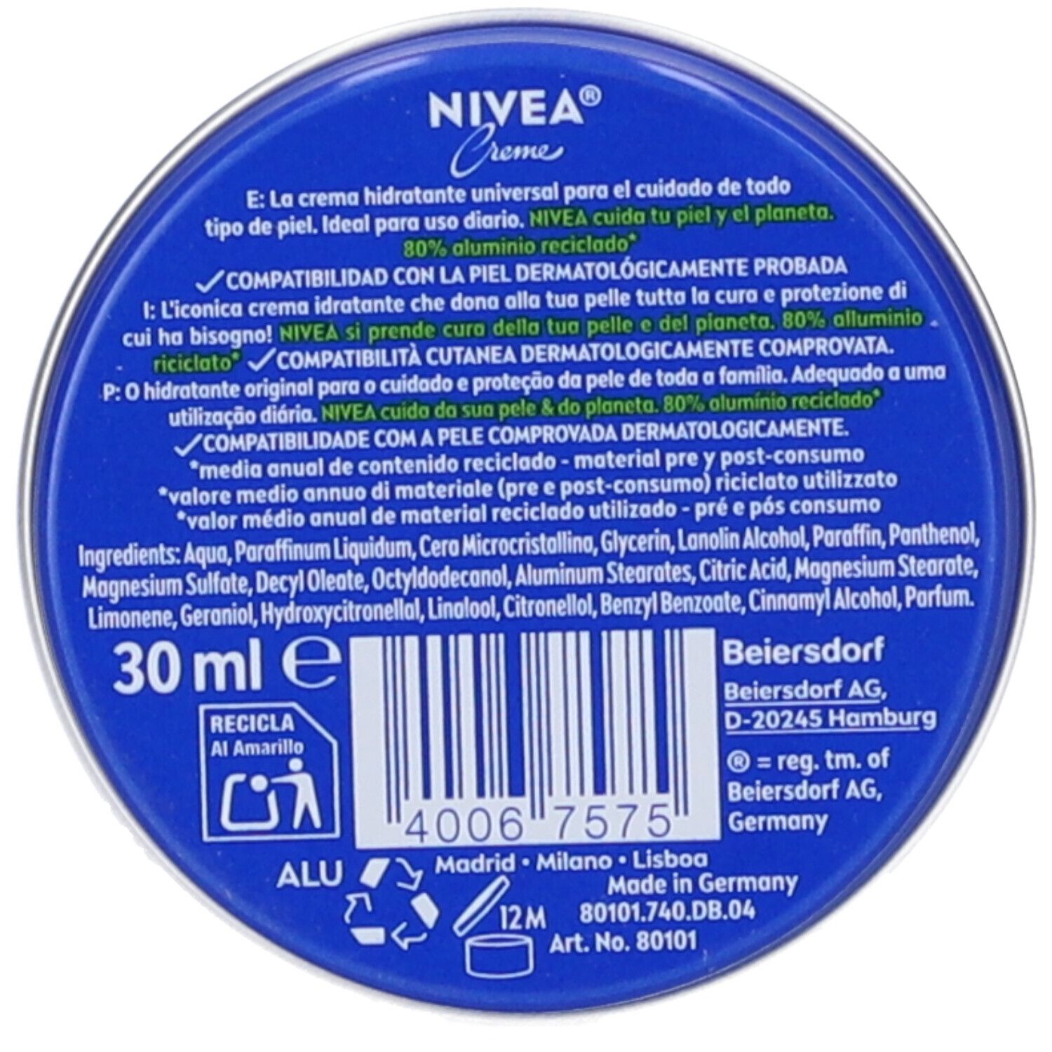 Retro del barattolo blu. Testo multilingue, ingredienti, 30 ml, simbolo di riciclo.