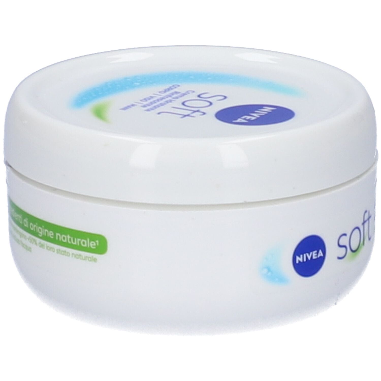 Vasetto bianco NIVEA SOFT. Scritte: SOFT, NIVEA. Testo: crema di origine naturale. Etichetta verde e bianca.