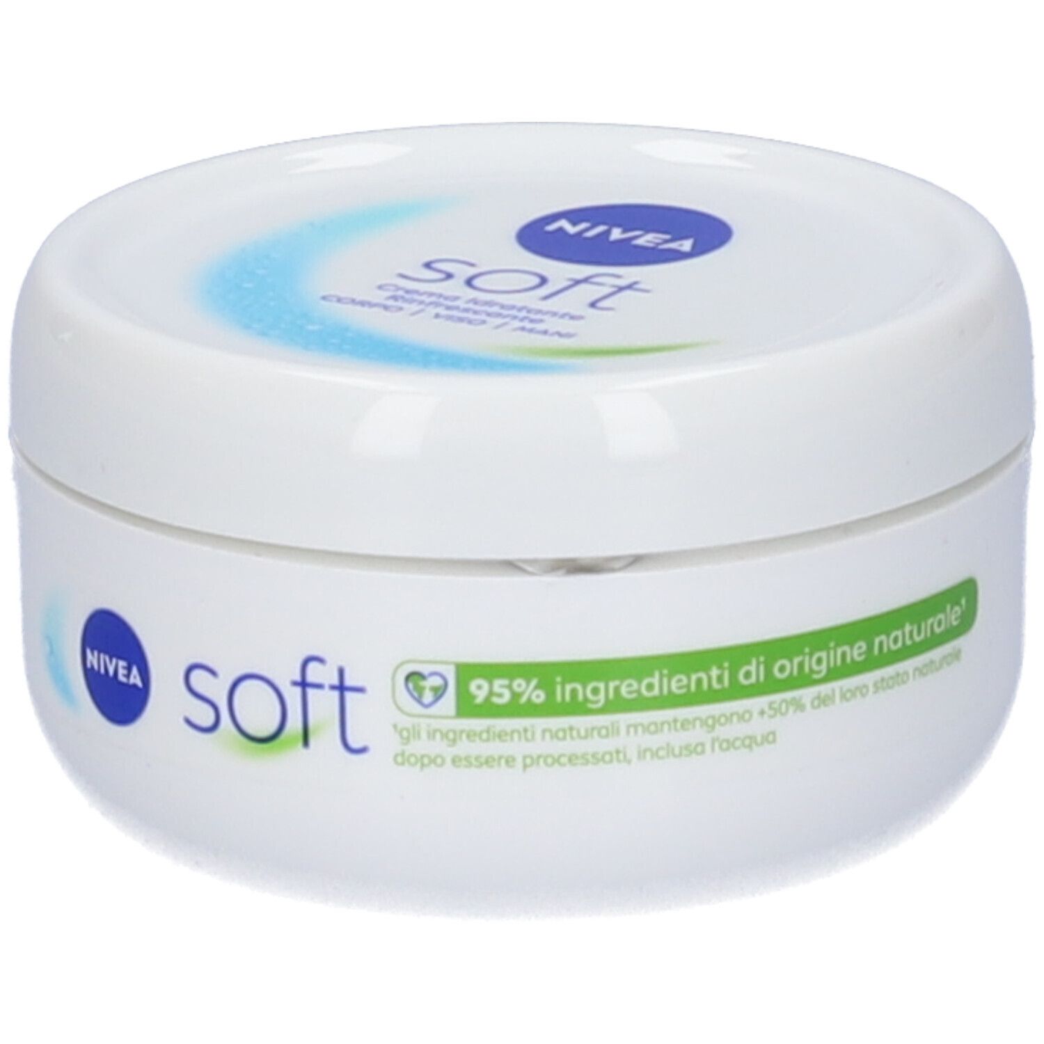 Vasetto bianco NIVEA SOFT. Scritte: SOFT, NIVEA. Testo: 95% ingredienti di origine naturale. Etichetta verde e bianca.
