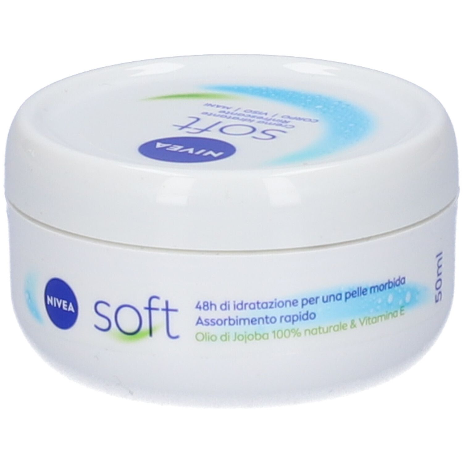 Vasetto bianco NIVEA SOFT. Scritte: 48h di idratazione, assorbimento rapido, olio di jojoba, vitamina E. Capacità: 50ml.